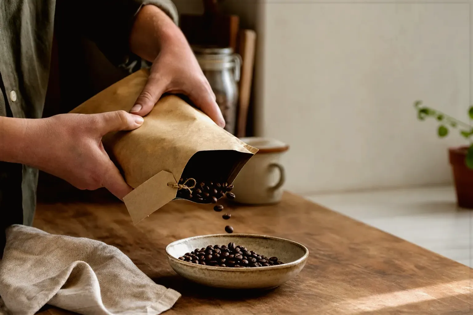 Hände füllen frisch geröstete Kaffeebohnen aus einer Papiertüte in eine Keramikschale – gezeigt für Cappuccino im Themenvergleich.