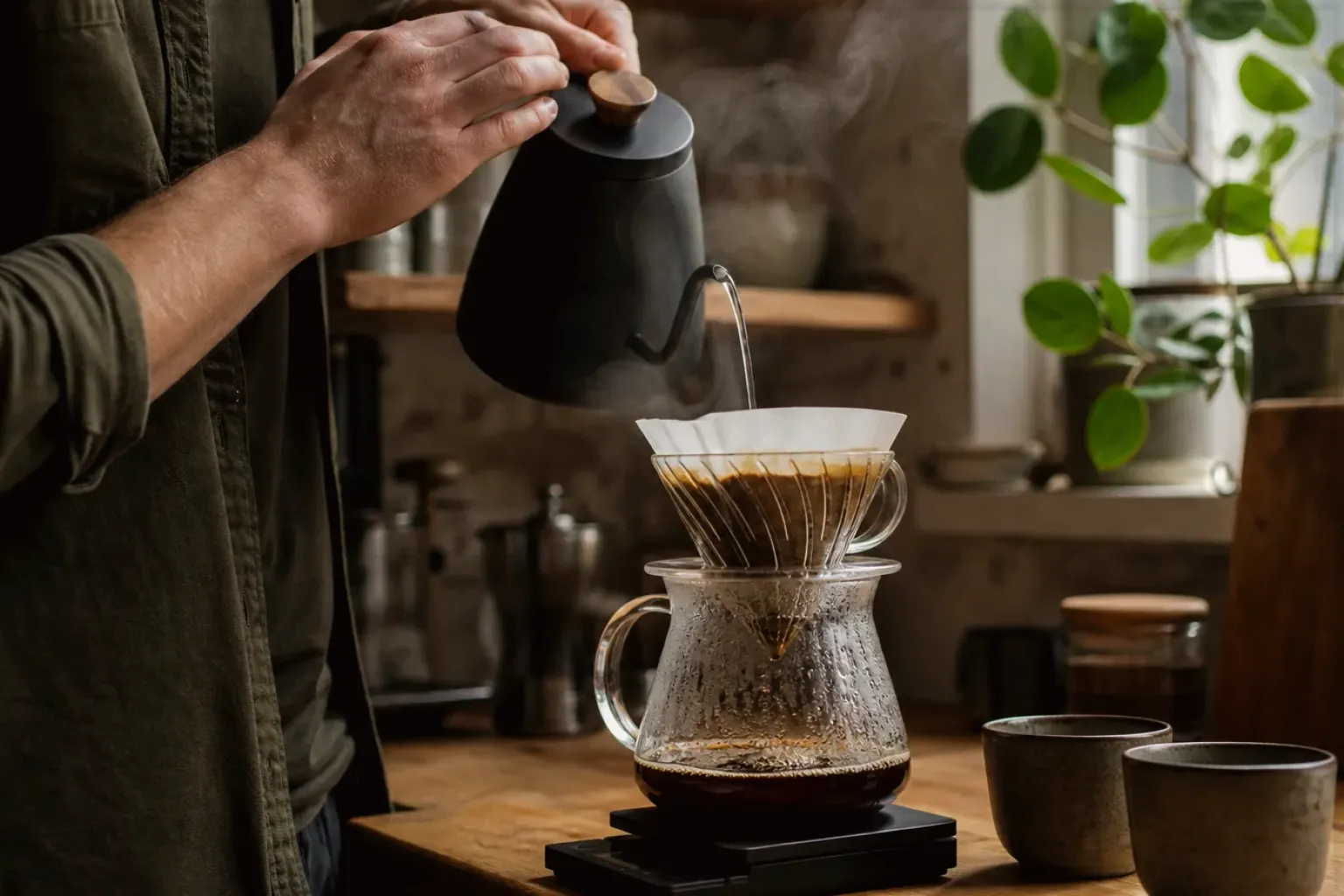 Filterkaffee wird mit einem Schwanenhalskessel von Hand in einer Küche aufgegossen – gezeigt für Cappuccino im Themenvergleich.