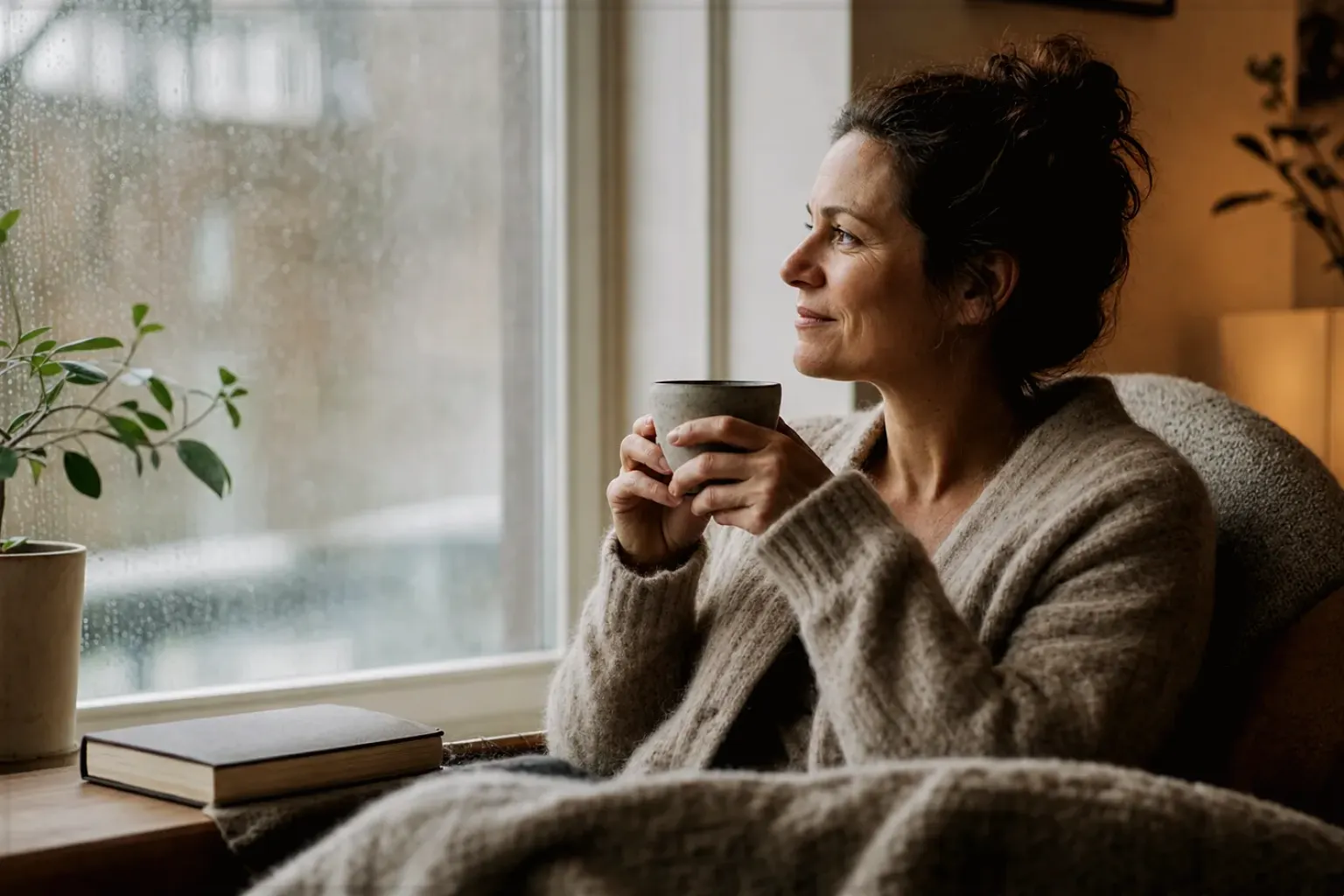 Eine Frau genießt an einem regnerischen Nachmittag ruhig eine Tasse Kaffee am Fenster – gezeigt für Cappuccino im Themenvergleich.