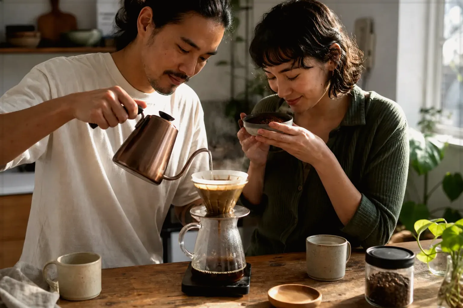 Zwei Menschen bereiten am Wochenende gemeinsam Filterkaffee mit einem Handfilter zu – gezeigt für Cappuccino im Themenvergleich.