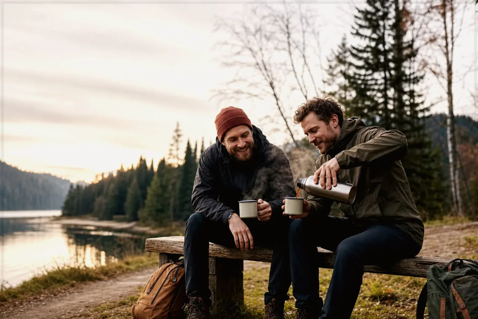 Zwei Freunde teilen auf einer Wanderung heißen Kaffee aus einer Thermoskanne am See – gezeigt für Cappuccino im Themenvergleich.