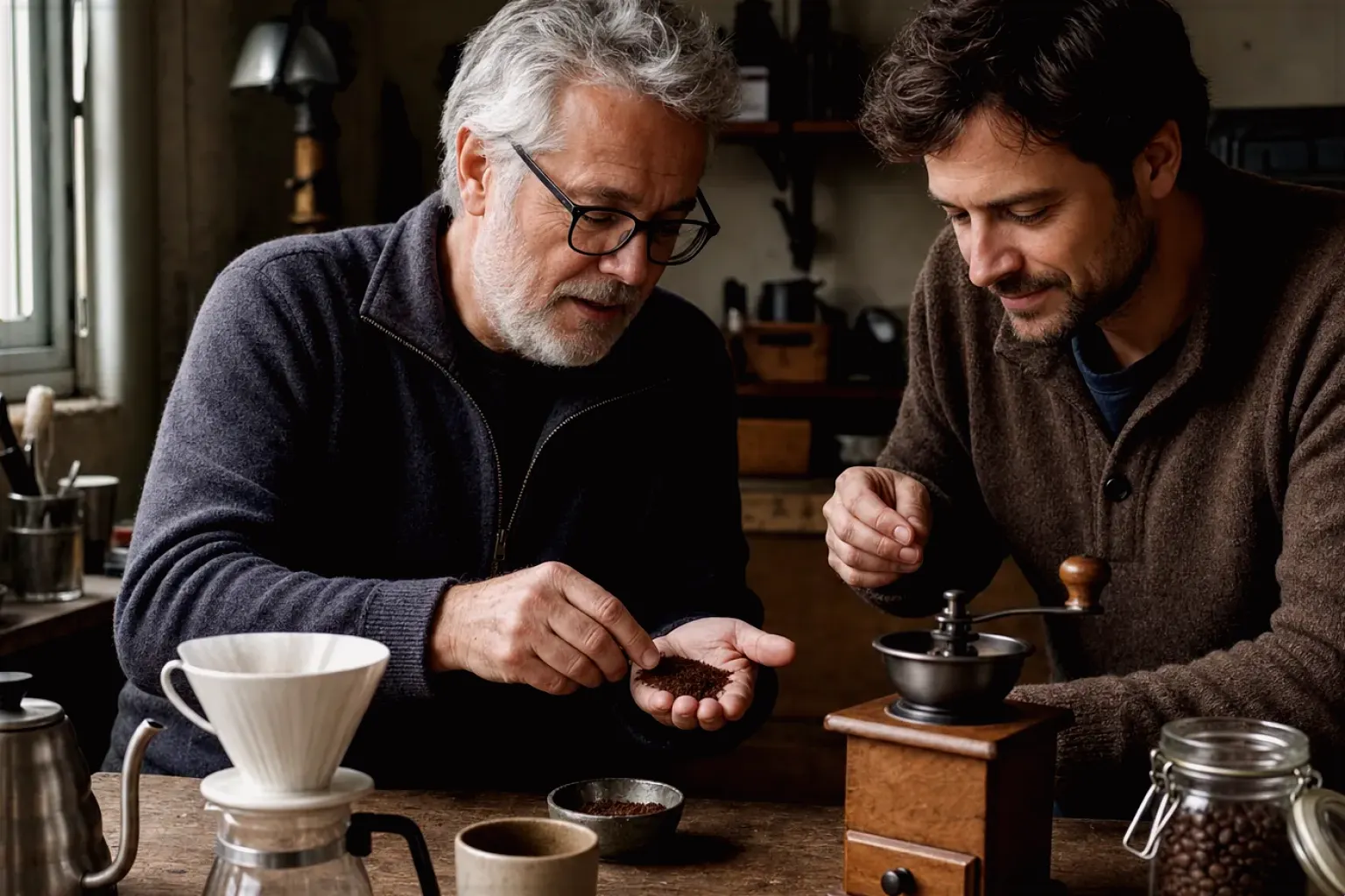 Ein älterer Kaffeeliebhaber zeigt einem jüngeren Erwachsenen gemahlenen Kaffee neben Handmühle und Filter – gezeigt für Cappuccino im Themenvergleich.