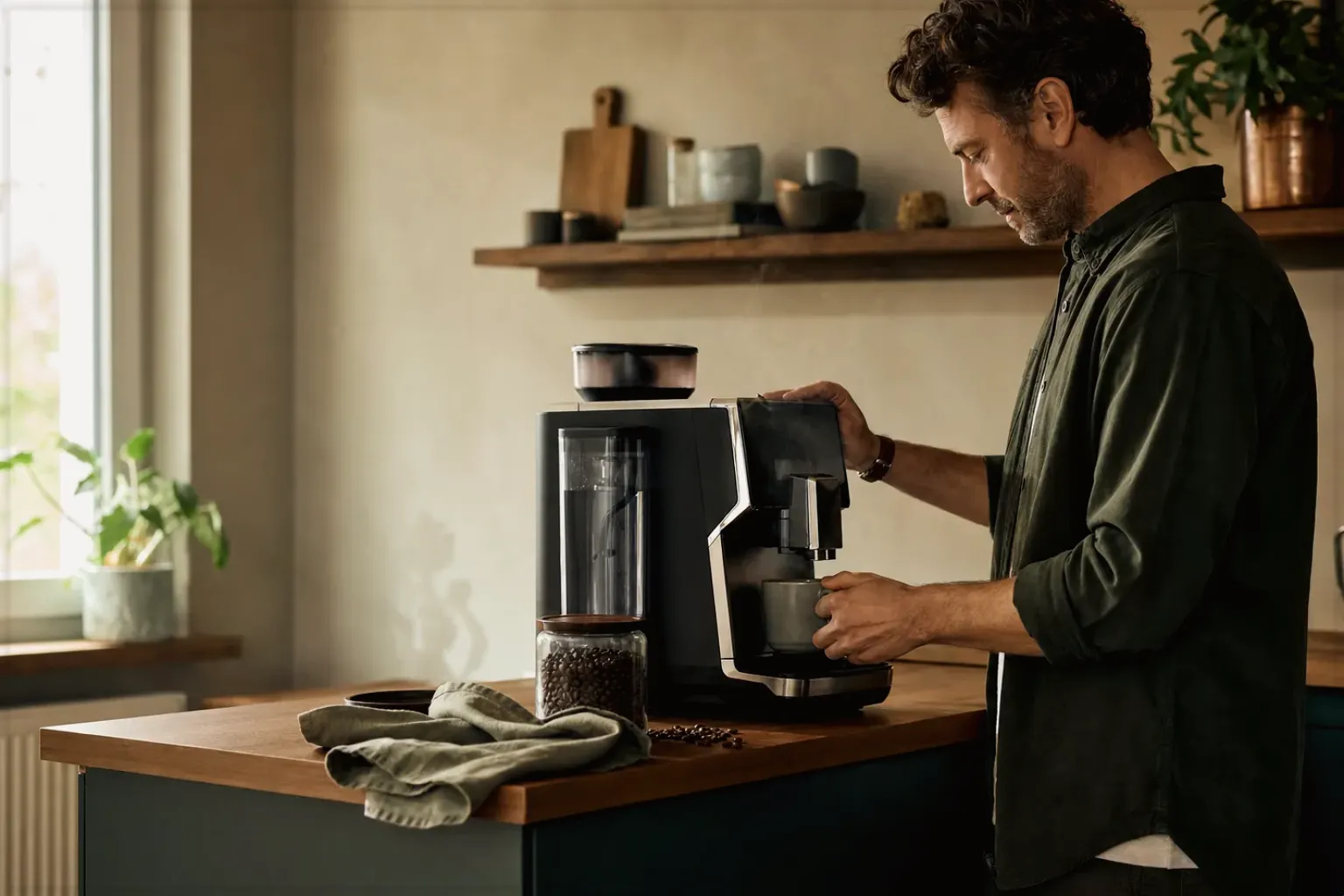 Ein Mann bereitet morgens Kaffee in seiner Küche zu – gezeigt für Cappuccino im Themenvergleich.