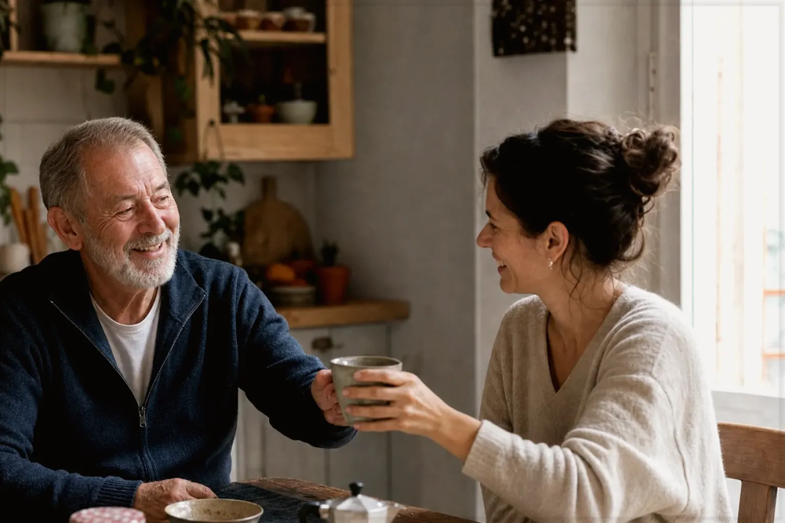 Eine erwachsene Tochter und ihr älterer Vater lachen gemeinsam beim Kaffee in ihrer Küche – gezeigt für Cappuccino im Themenvergleich.
