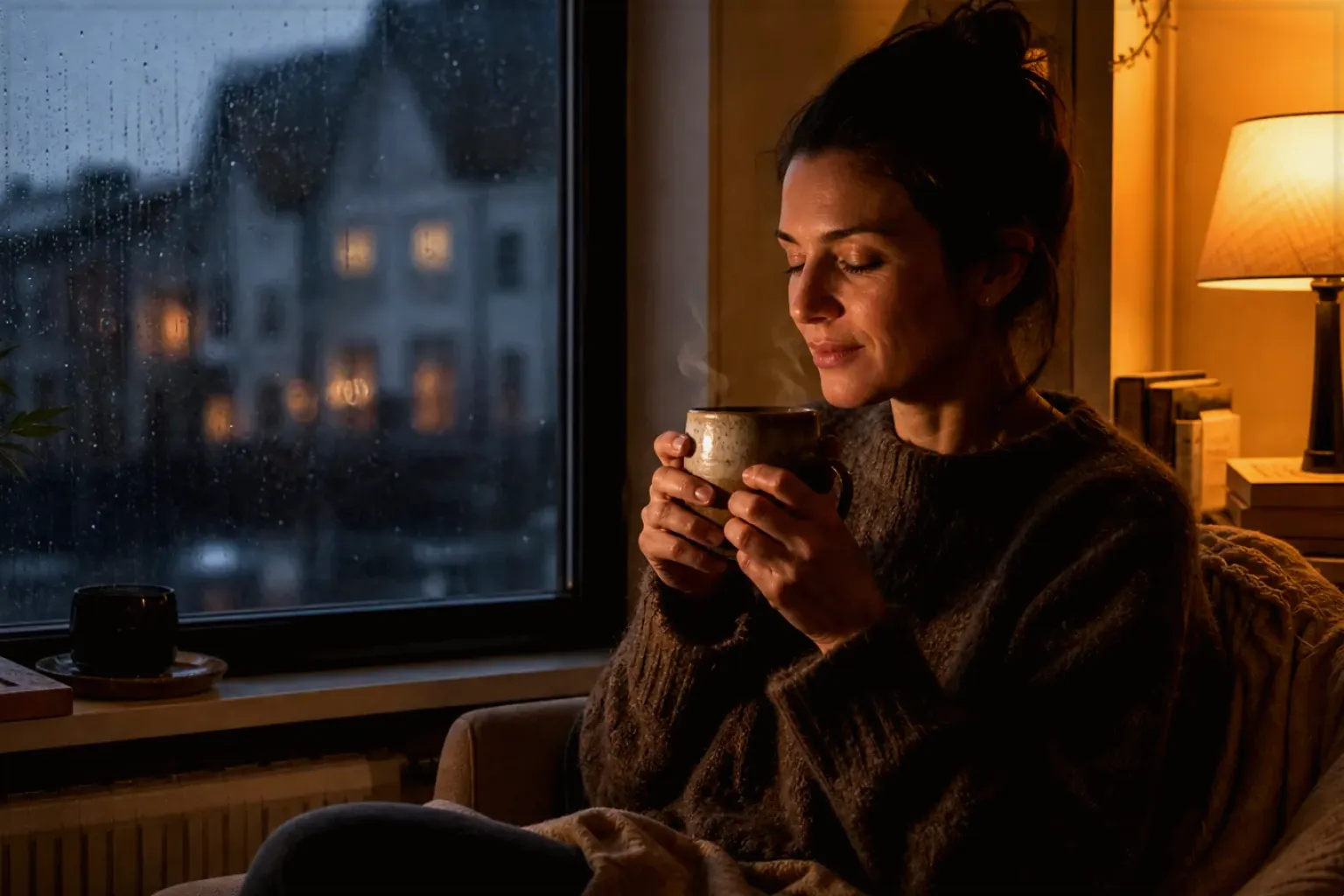 Eine Frau genießt an einem regnerischen Abend ruhig eine warme Tasse Kaffee am Fenster – gezeigt für Cappuccino im Themenvergleich.