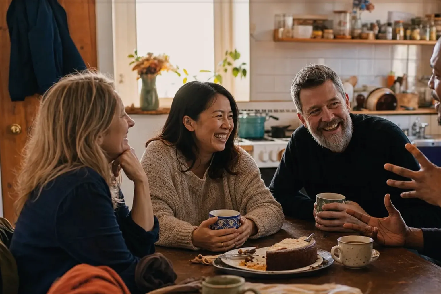 Vier erwachsene Freunde lachen gemeinsam bei Kaffee und selbst gebackenem Kuchen – gezeigt für Cappuccino im Themenvergleich.