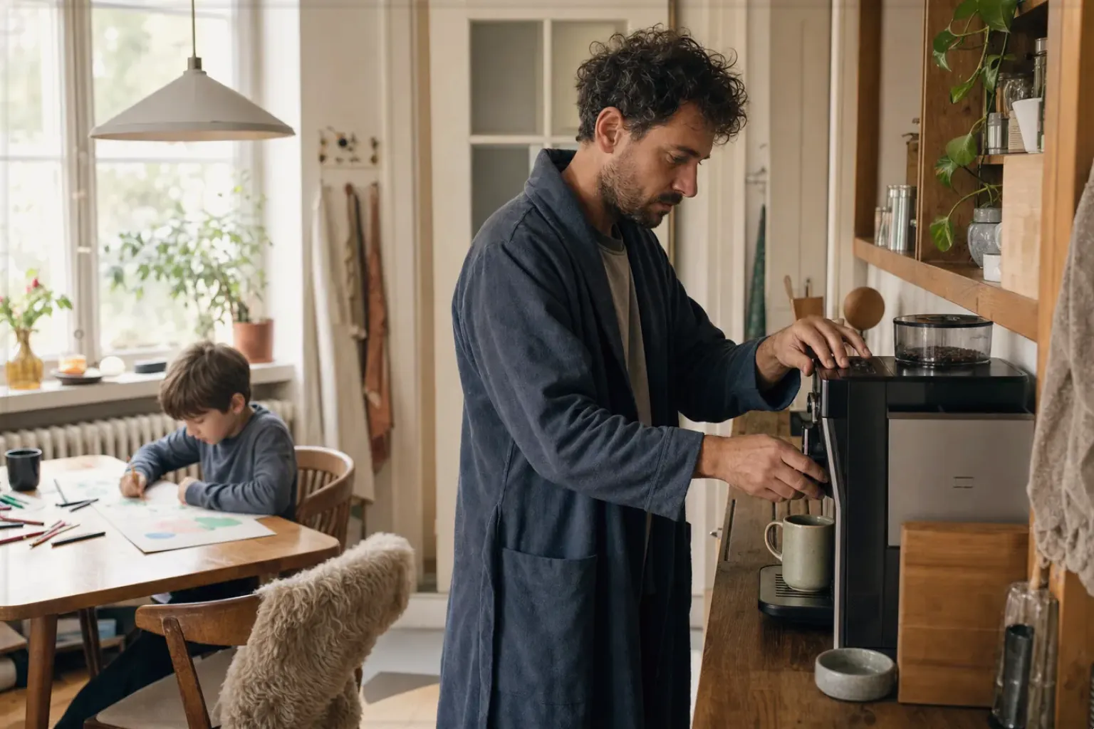 Ein Vater bereitet morgens Kaffee zu, während sein Kind am Küchentisch malt – gezeigt für Cappuccino im Themenvergleich.