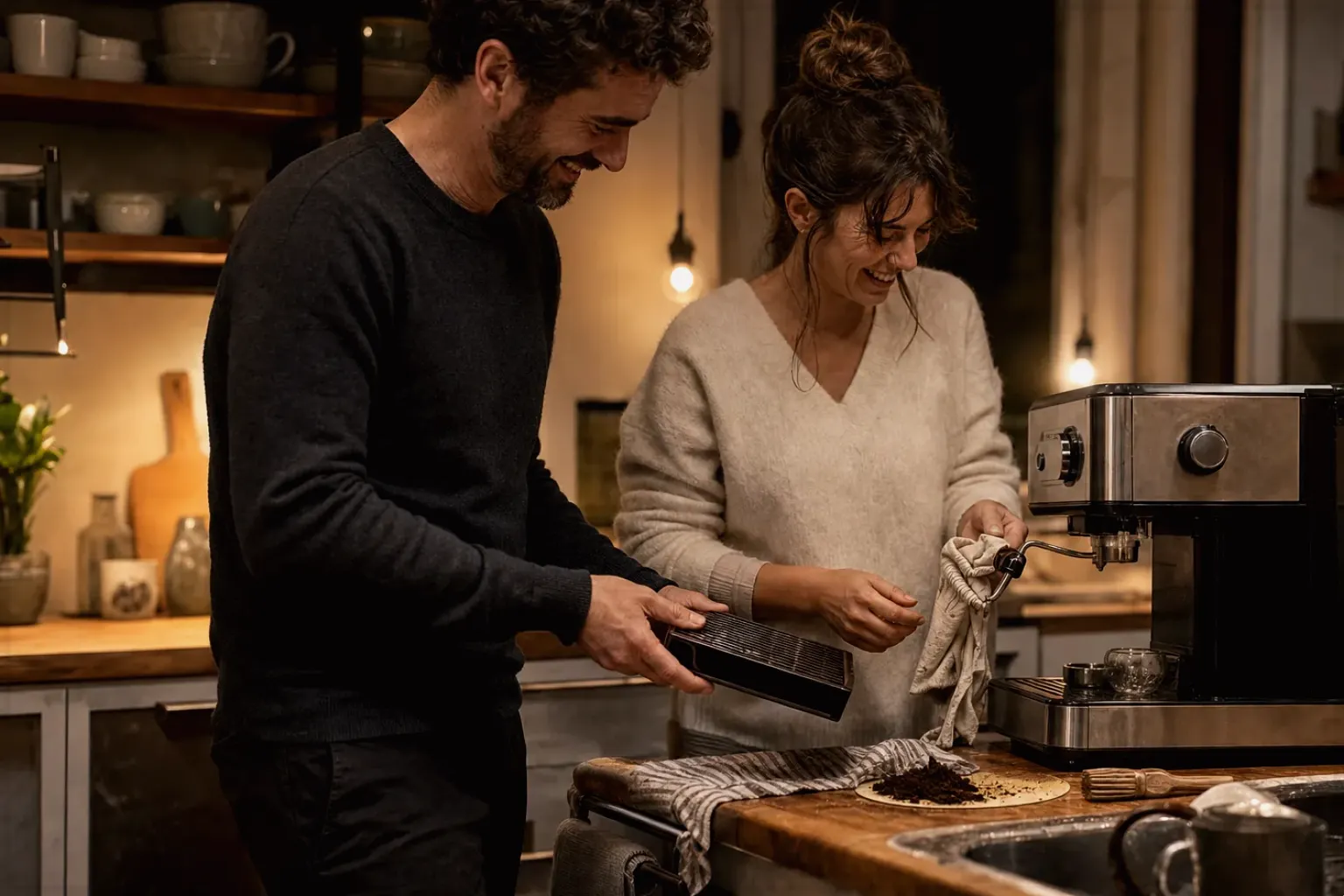 Ein Paar reinigt am Abend gemeinsam und gut gelaunt seine Espressomaschine in der Küche – gezeigt für Cappuccino im Themenvergleich.