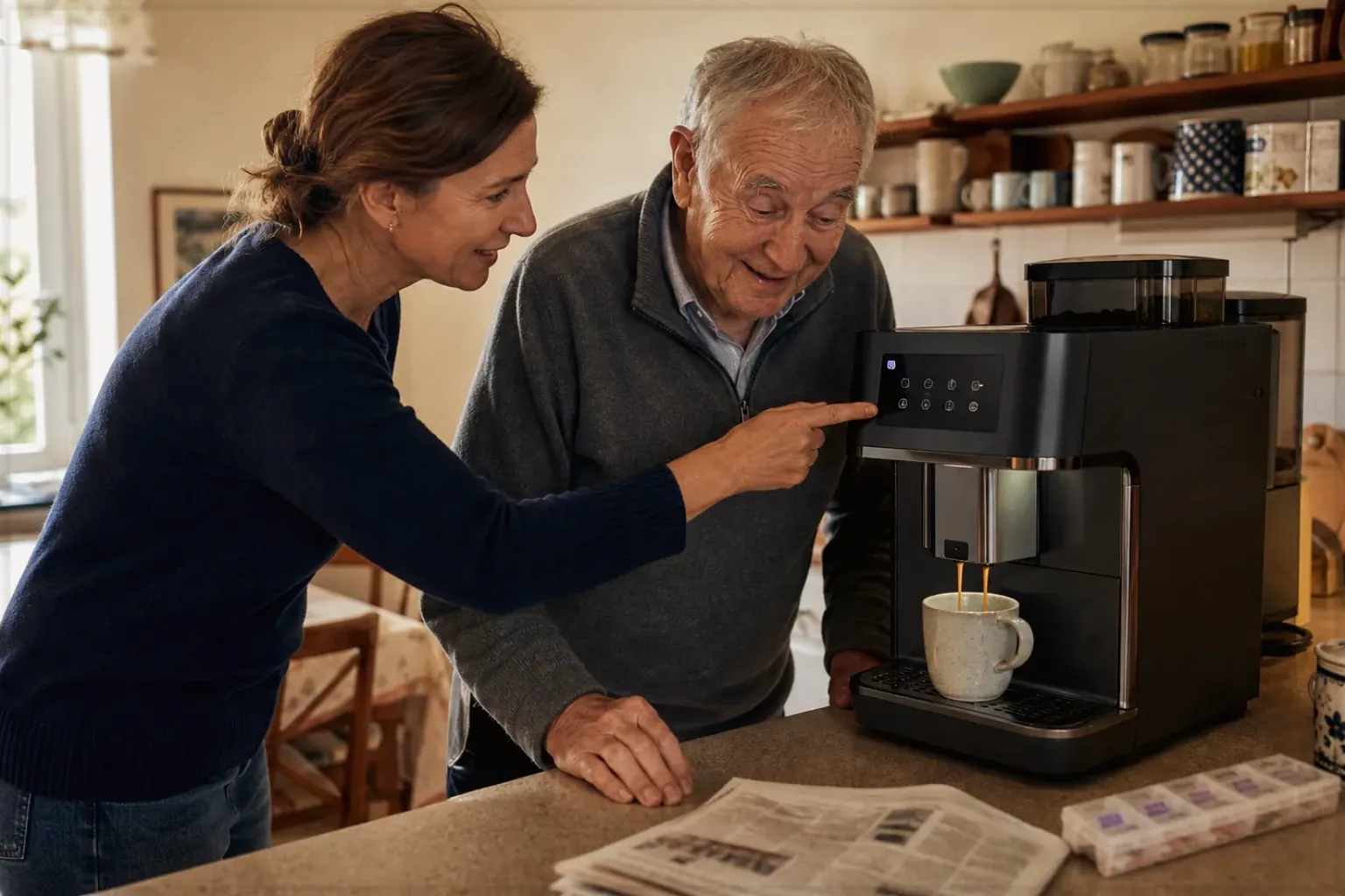 Eine erwachsene Tochter erklärt ihrem Vater verständlich die Bedienung eines Kaffeevollautomaten.
