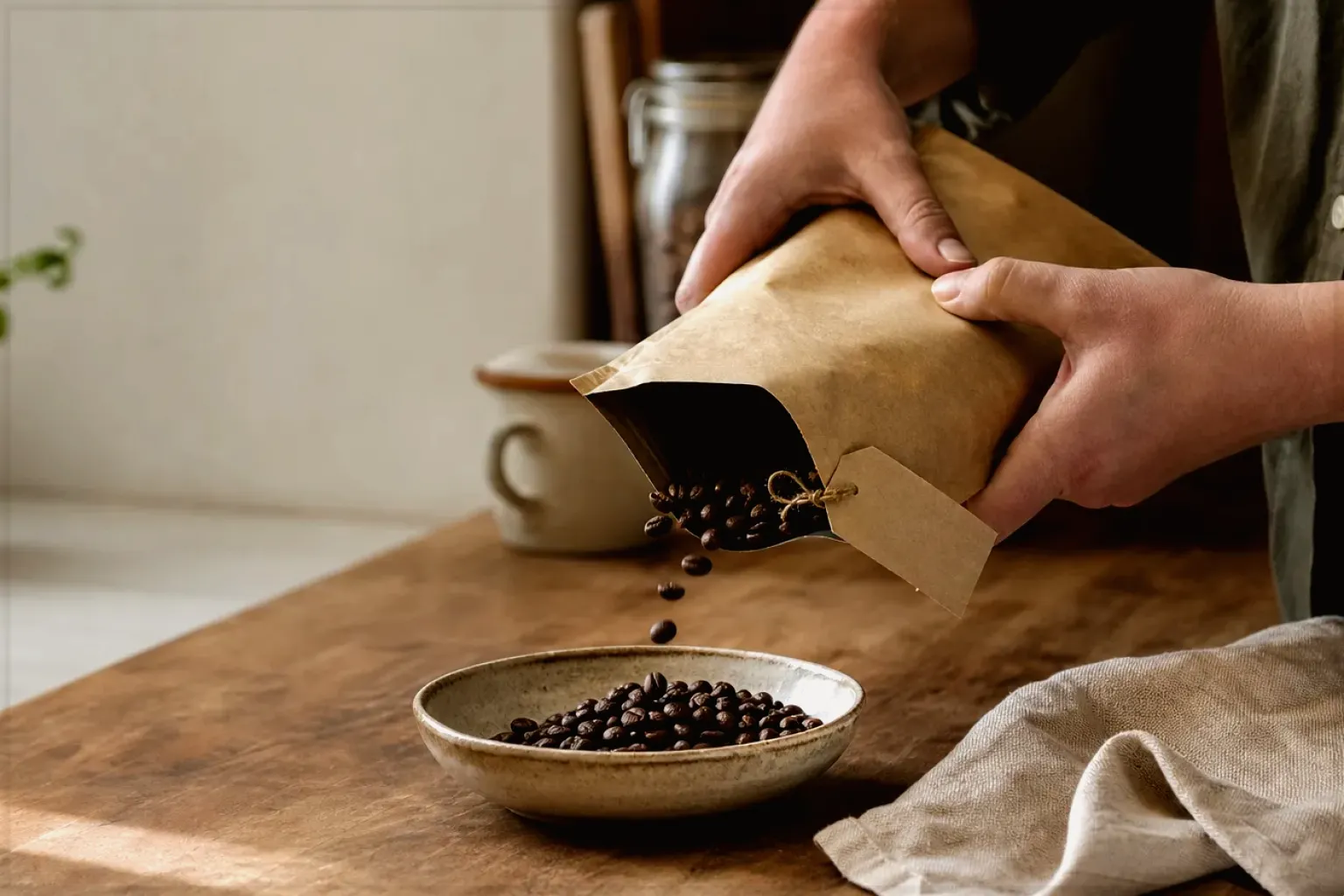 Hände füllen frisch geröstete Kaffeebohnen aus einer Papiertüte in eine Keramikschale – gezeigt für Cold Brew im Themenvergleich.