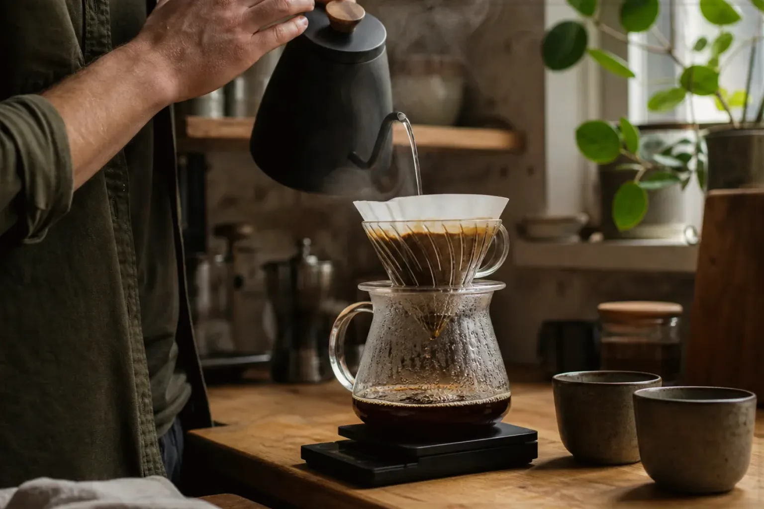 Filterkaffee wird mit einem Schwanenhalskessel von Hand in einer Küche aufgegossen – gezeigt für Cold Brew im Themenvergleich.