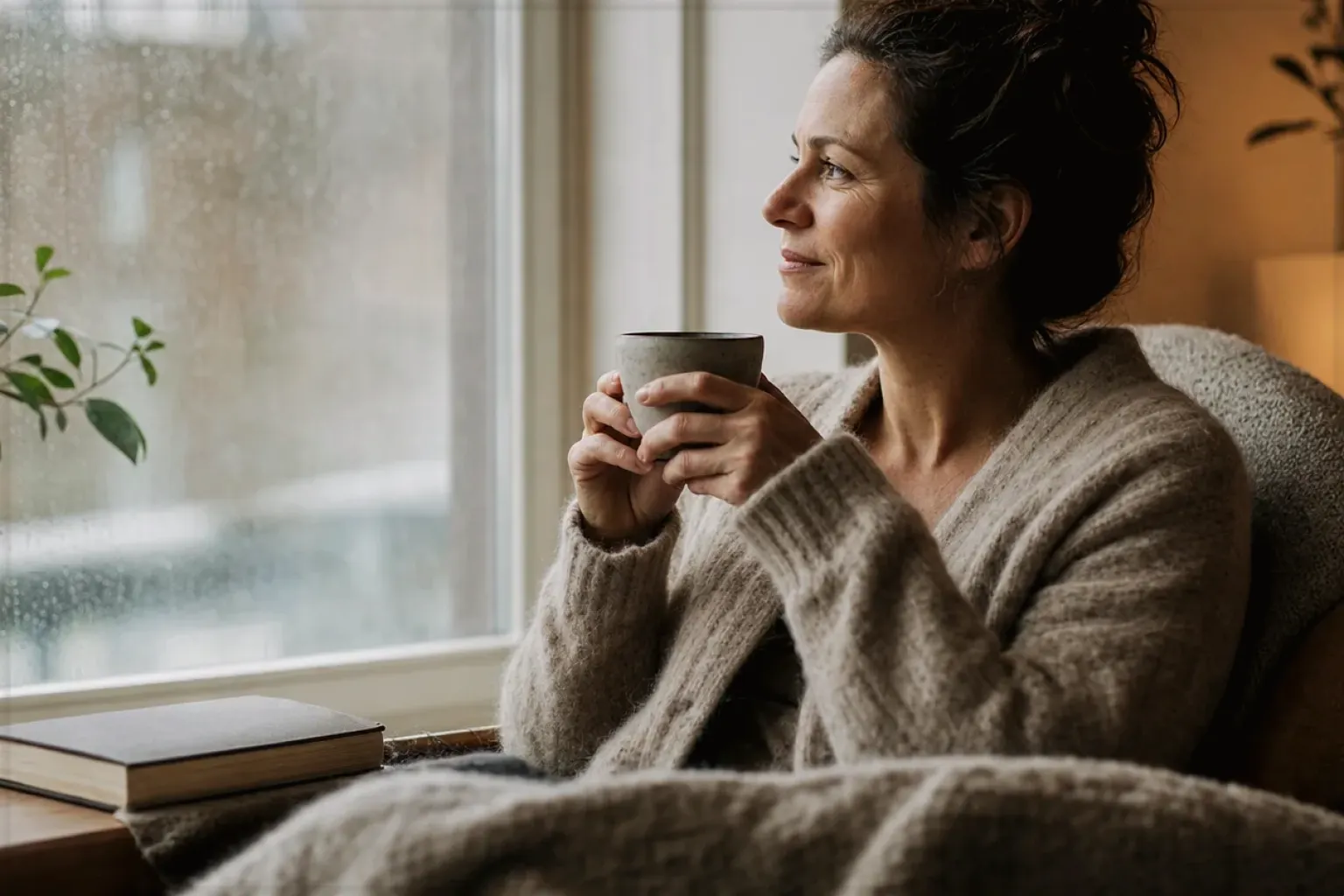 Eine Frau genießt an einem regnerischen Nachmittag ruhig eine Tasse Kaffee am Fenster – gezeigt für Cold Brew im Themenvergleich.