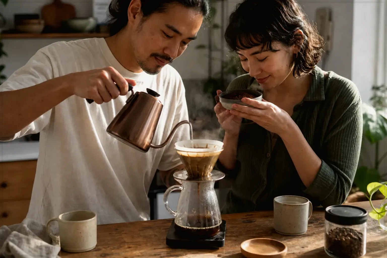 Zwei Menschen bereiten am Wochenende gemeinsam Filterkaffee mit einem Handfilter zu – gezeigt für Cold Brew im Themenvergleich.