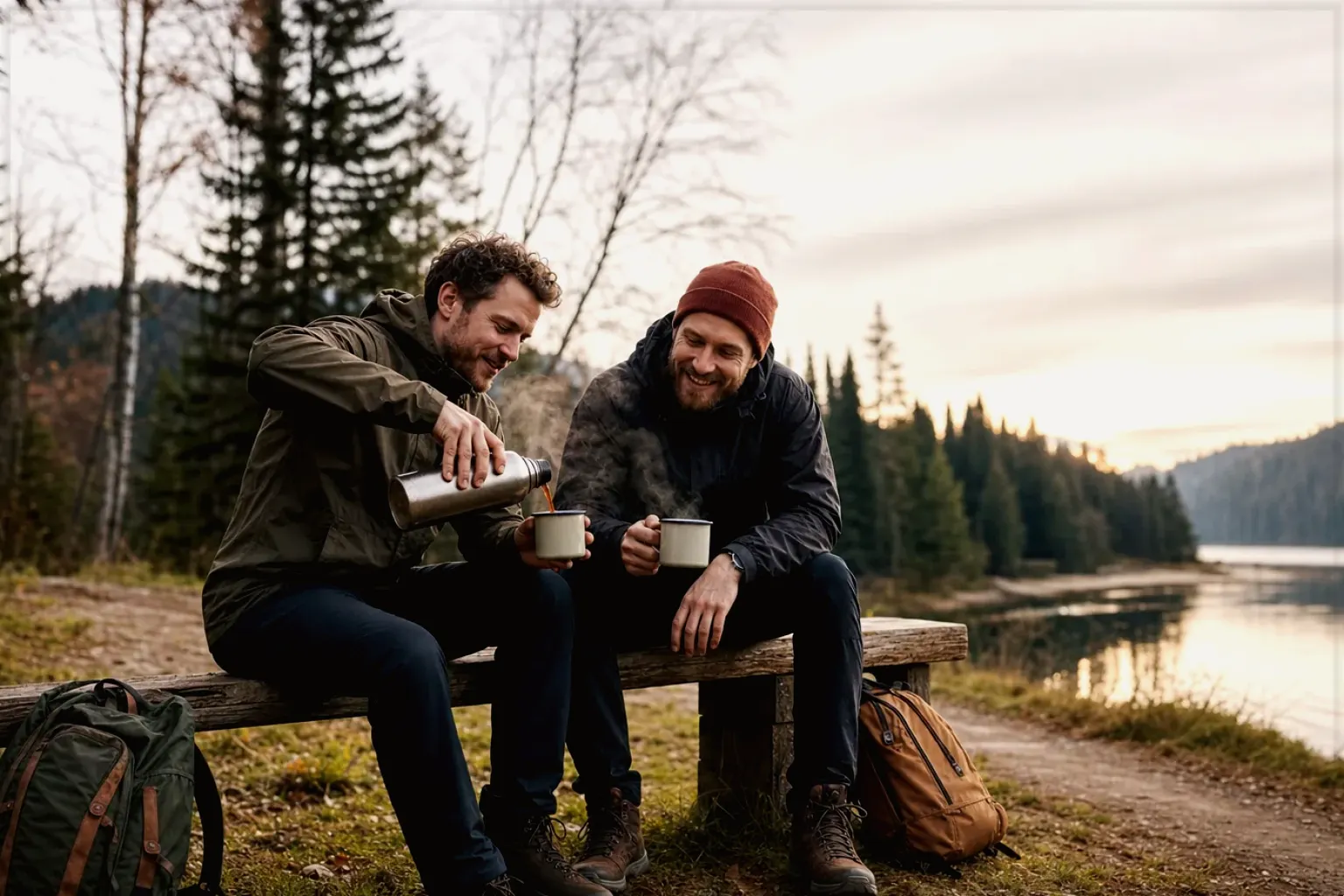 Zwei Freunde teilen auf einer Wanderung heißen Kaffee aus einer Thermoskanne am See – gezeigt für Cold Brew im Themenvergleich.