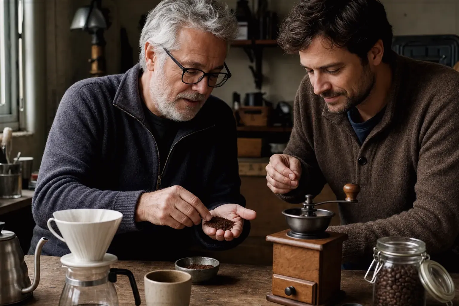 Ein älterer Kaffeeliebhaber zeigt einem jüngeren Erwachsenen gemahlenen Kaffee neben Handmühle und Filter – gezeigt für Cold Brew im Themenvergleich.