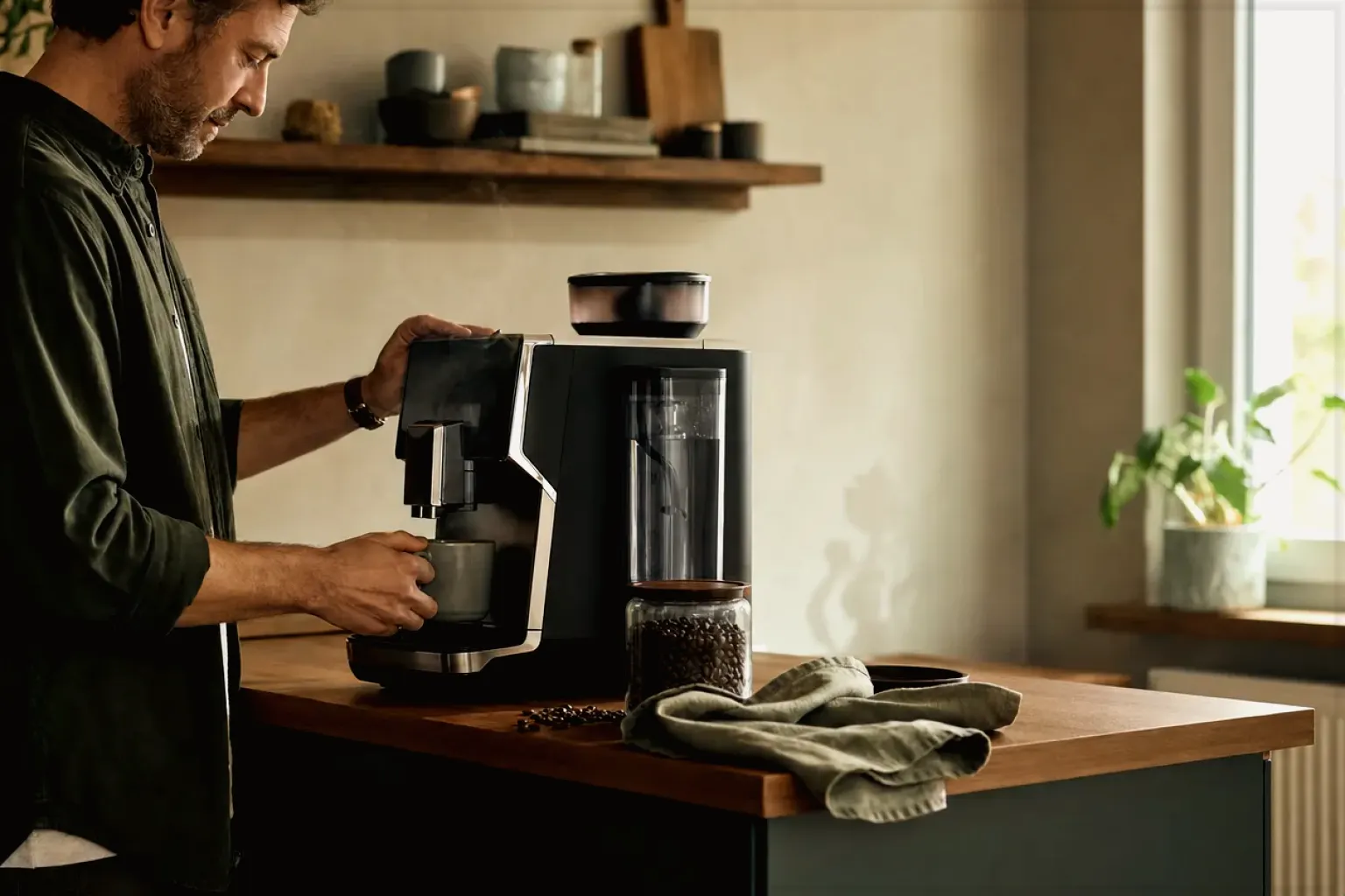 Ein Mann bereitet morgens Kaffee in seiner Küche zu – gezeigt für Cold Brew im Themenvergleich.