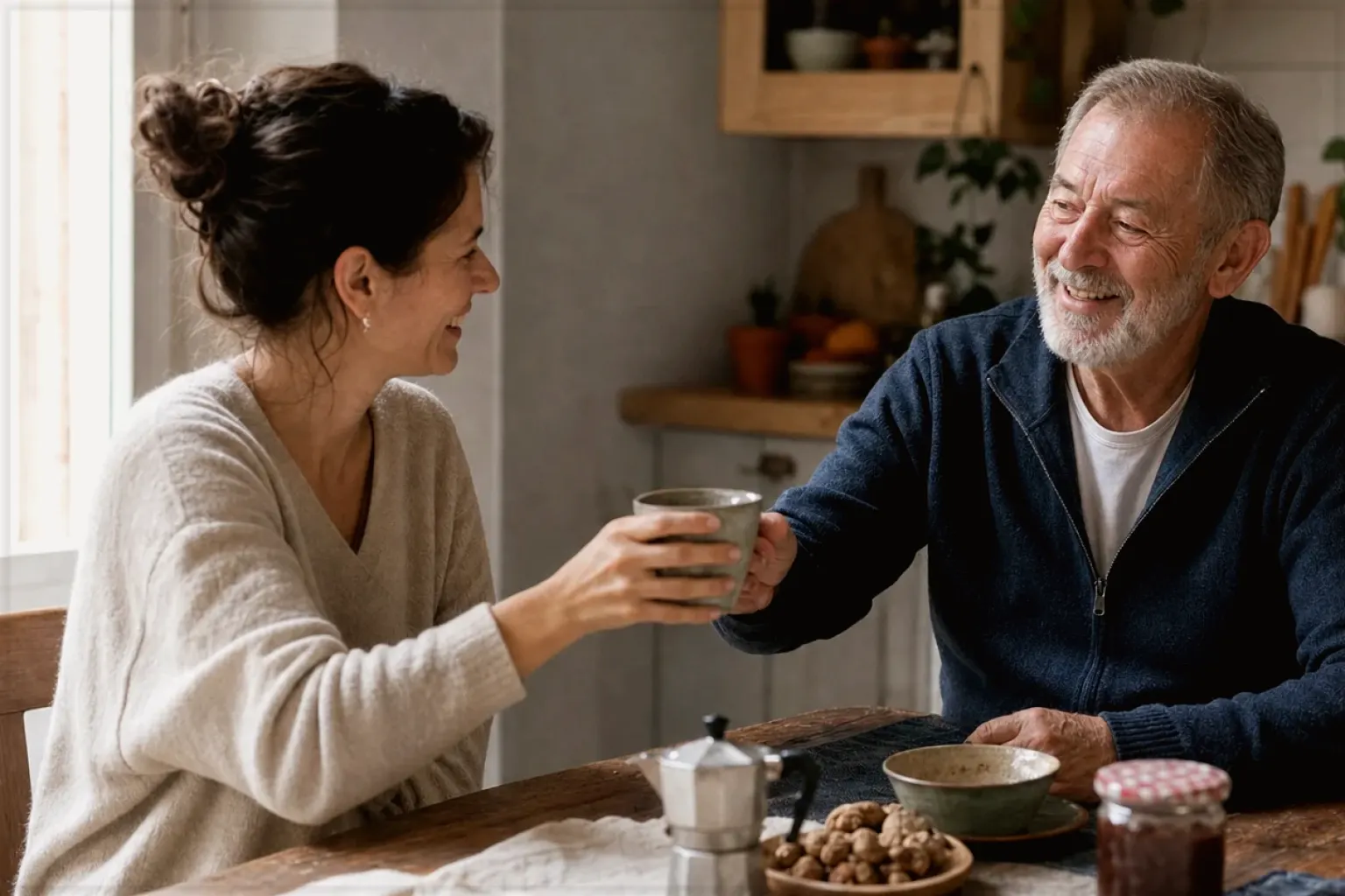 Eine erwachsene Tochter und ihr älterer Vater lachen gemeinsam beim Kaffee in ihrer Küche – gezeigt für Cold Brew im Themenvergleich.