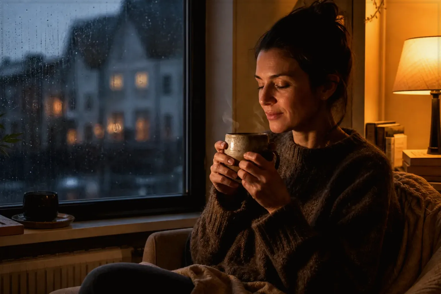 Eine Frau genießt an einem regnerischen Abend ruhig eine warme Tasse Kaffee am Fenster – gezeigt für Cold Brew im Themenvergleich.