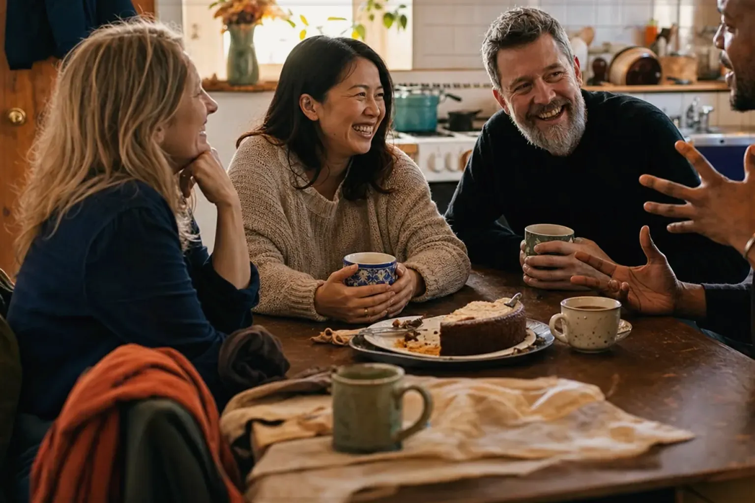 Vier erwachsene Freunde lachen gemeinsam bei Kaffee und selbst gebackenem Kuchen – gezeigt für Cold Brew im Themenvergleich.