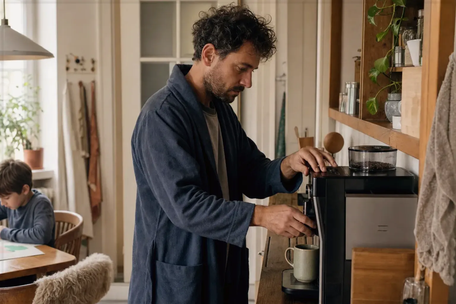 Ein Vater bereitet morgens Kaffee zu, während sein Kind am Küchentisch malt – gezeigt für Cold Brew im Themenvergleich.