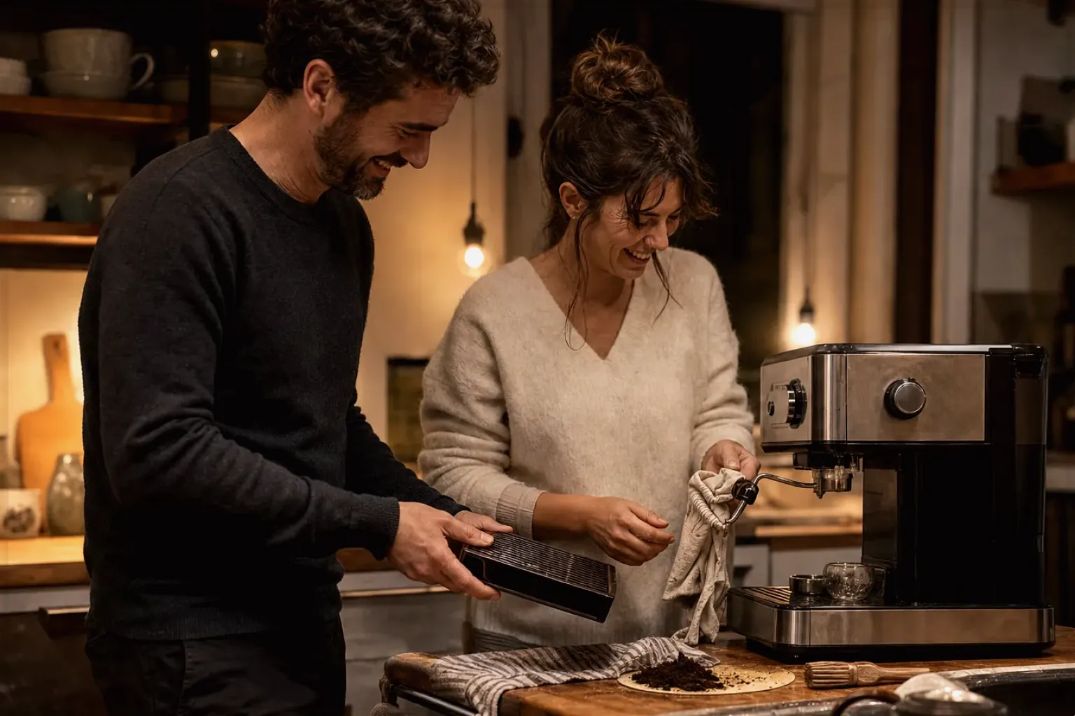 Ein Paar reinigt am Abend gemeinsam und gut gelaunt seine Espressomaschine in der Küche – gezeigt für Cold Brew im Themenvergleich.