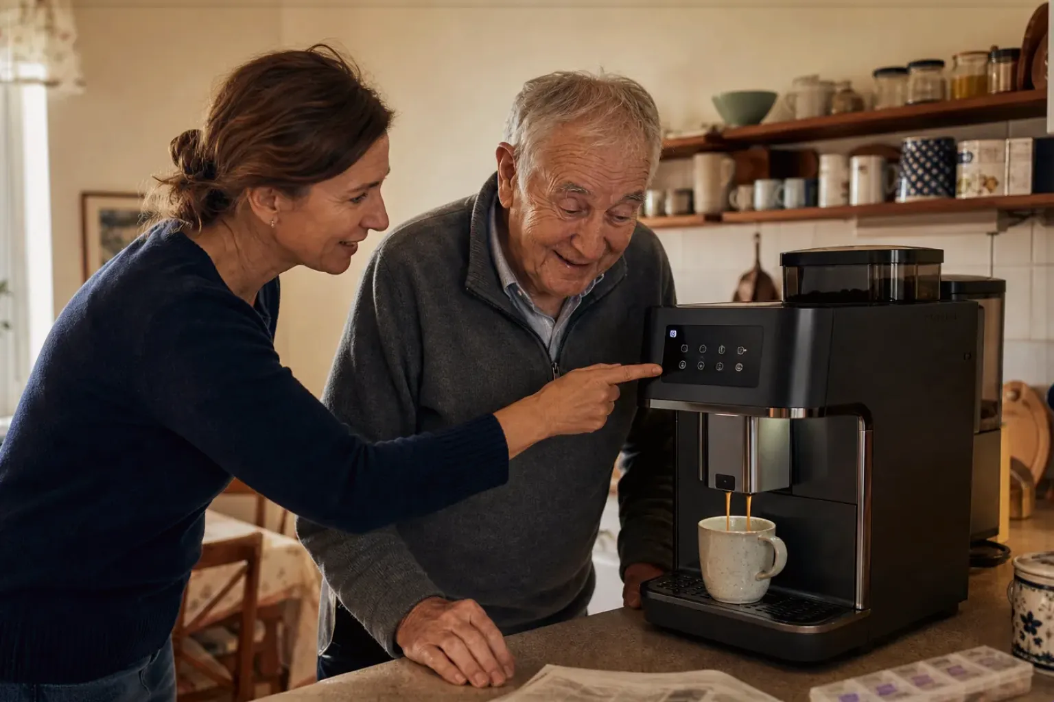 Eine erwachsene Tochter erklärt ihrem Vater verständlich die Bedienung eines Kaffeevollautomaten.