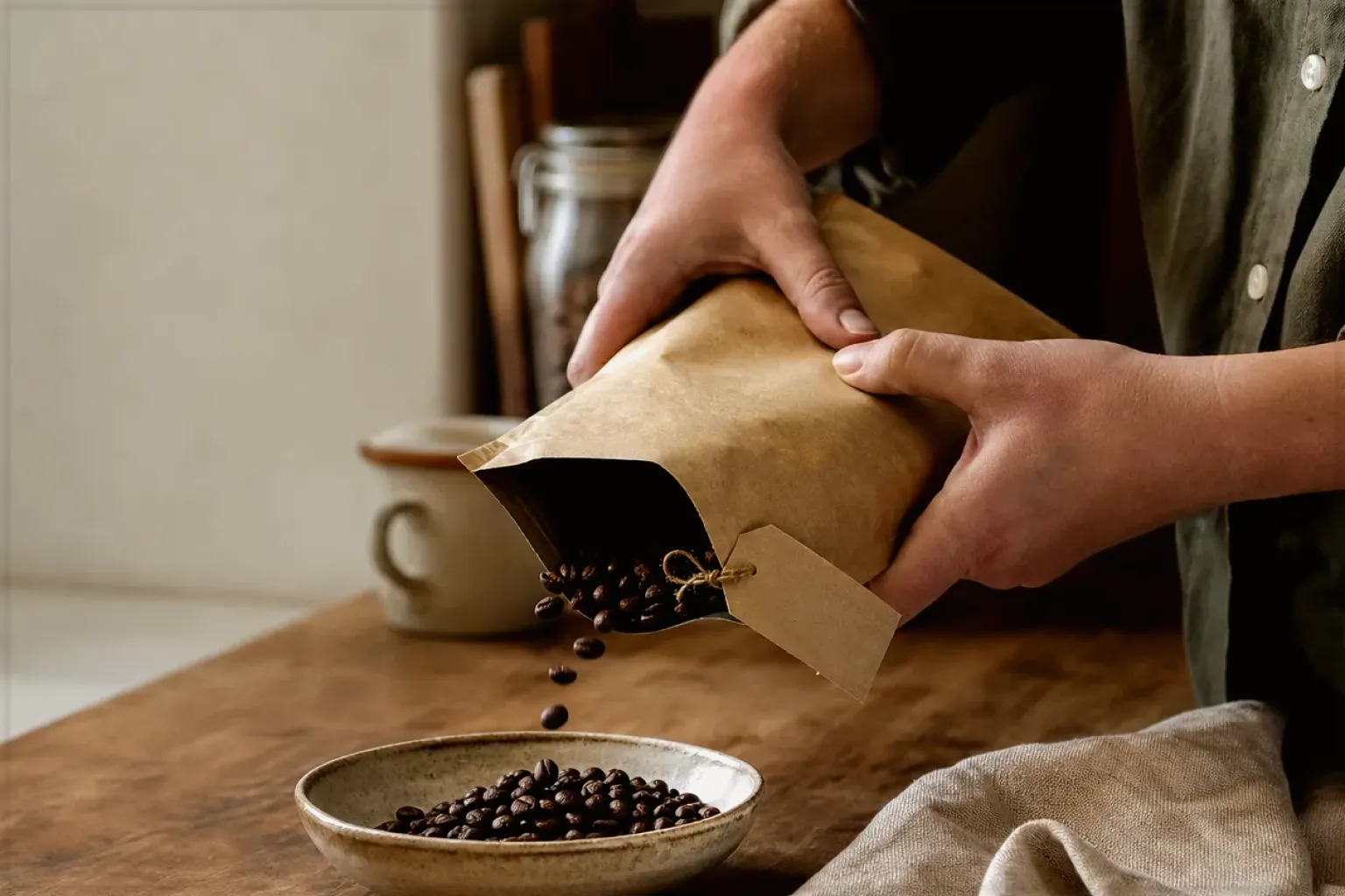 Hände füllen frisch geröstete Kaffeebohnen aus einer Papiertüte in eine Keramikschale – gezeigt für Entkoffeiniert im Themenvergleich.