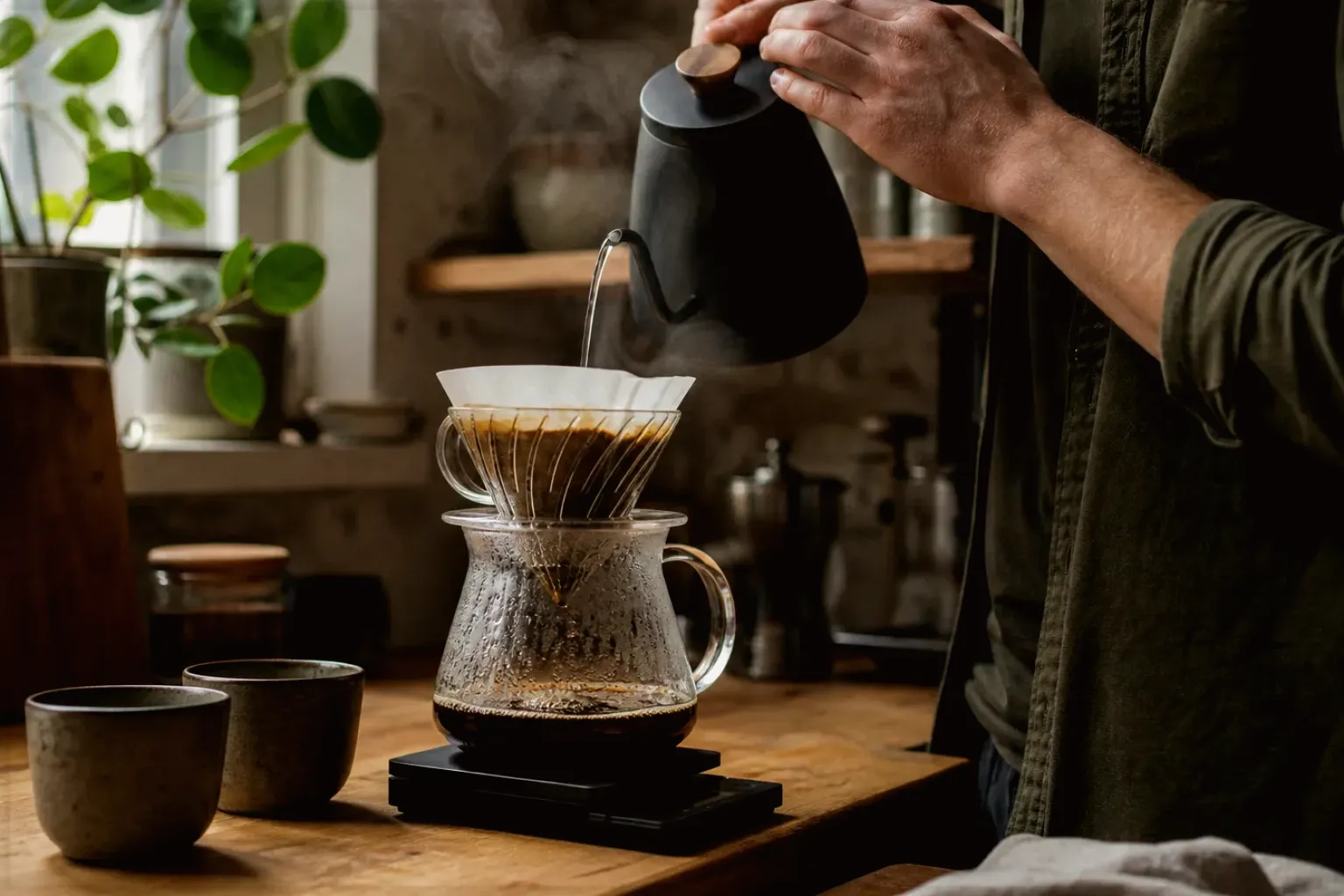 Filterkaffee wird mit einem Schwanenhalskessel von Hand in einer Küche aufgegossen – gezeigt für Entkoffeiniert im Themenvergleich.