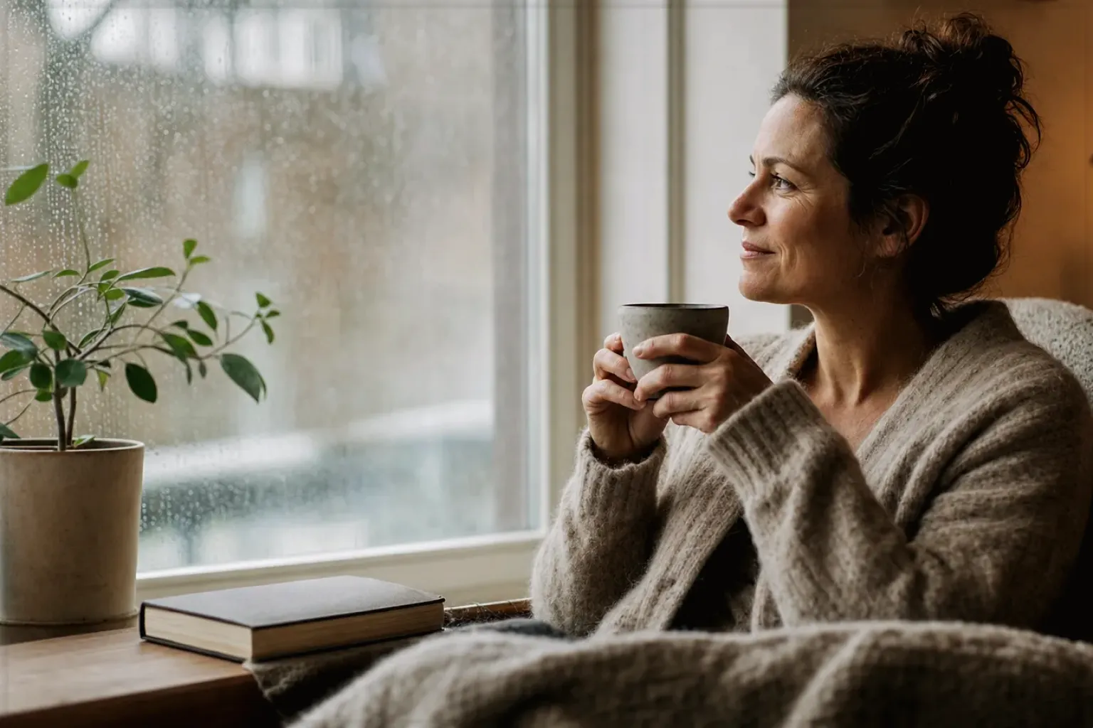 Eine Frau genießt an einem regnerischen Nachmittag ruhig eine Tasse Kaffee am Fenster – gezeigt für Entkoffeiniert im Themenvergleich.