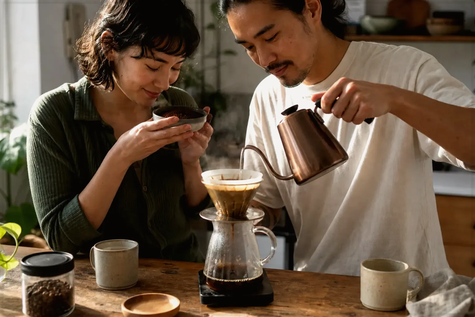 Zwei Menschen bereiten am Wochenende gemeinsam Filterkaffee mit einem Handfilter zu – gezeigt für Entkoffeiniert im Themenvergleich.