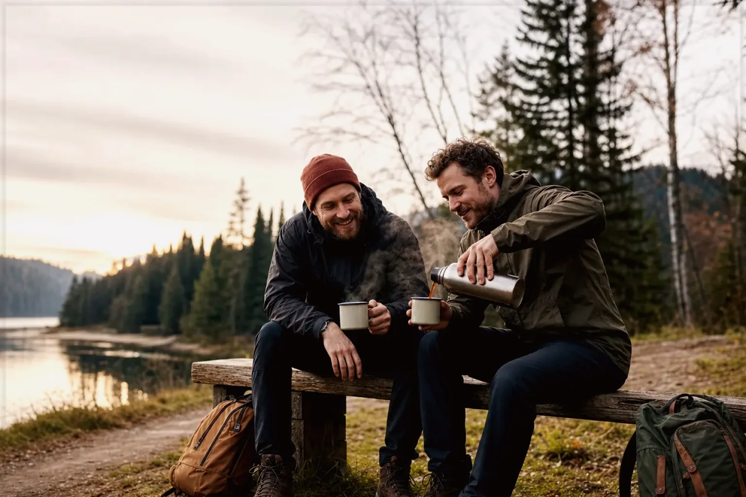 Zwei Freunde teilen auf einer Wanderung heißen Kaffee aus einer Thermoskanne am See – gezeigt für Entkoffeiniert im Themenvergleich.