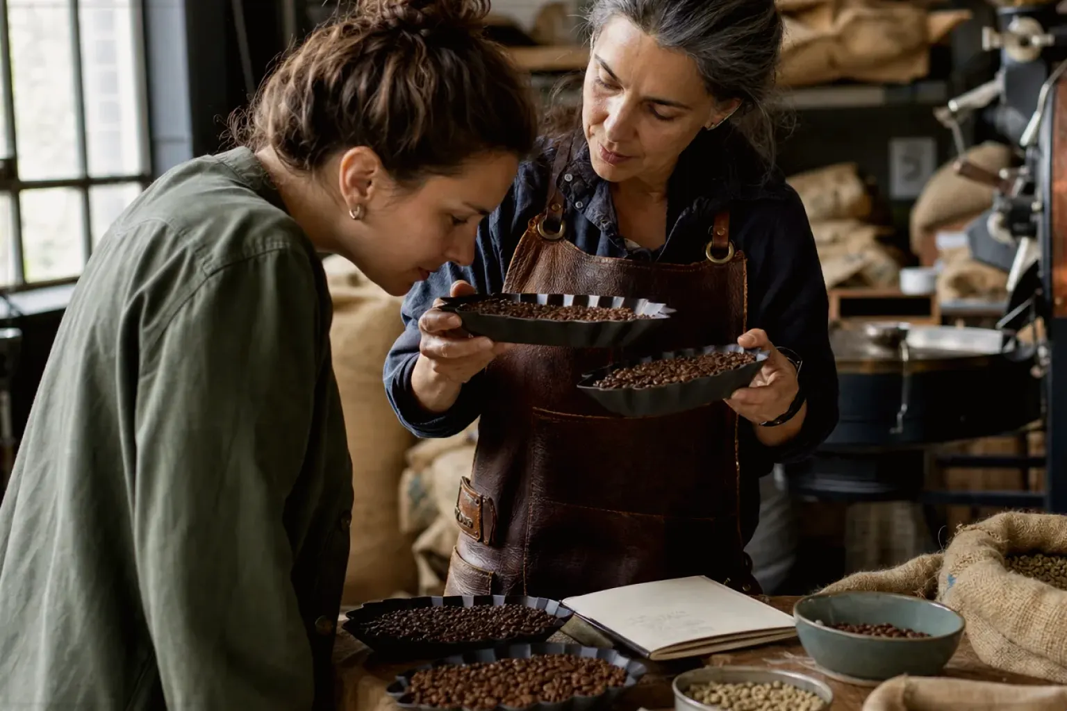 Eine Kaffeerösterin lässt eine Kundin in einer kleinen Rösterei verschiedene frisch geröstete Bohnen riechen – gezeigt für Entkoffeiniert im Themenvergleich.