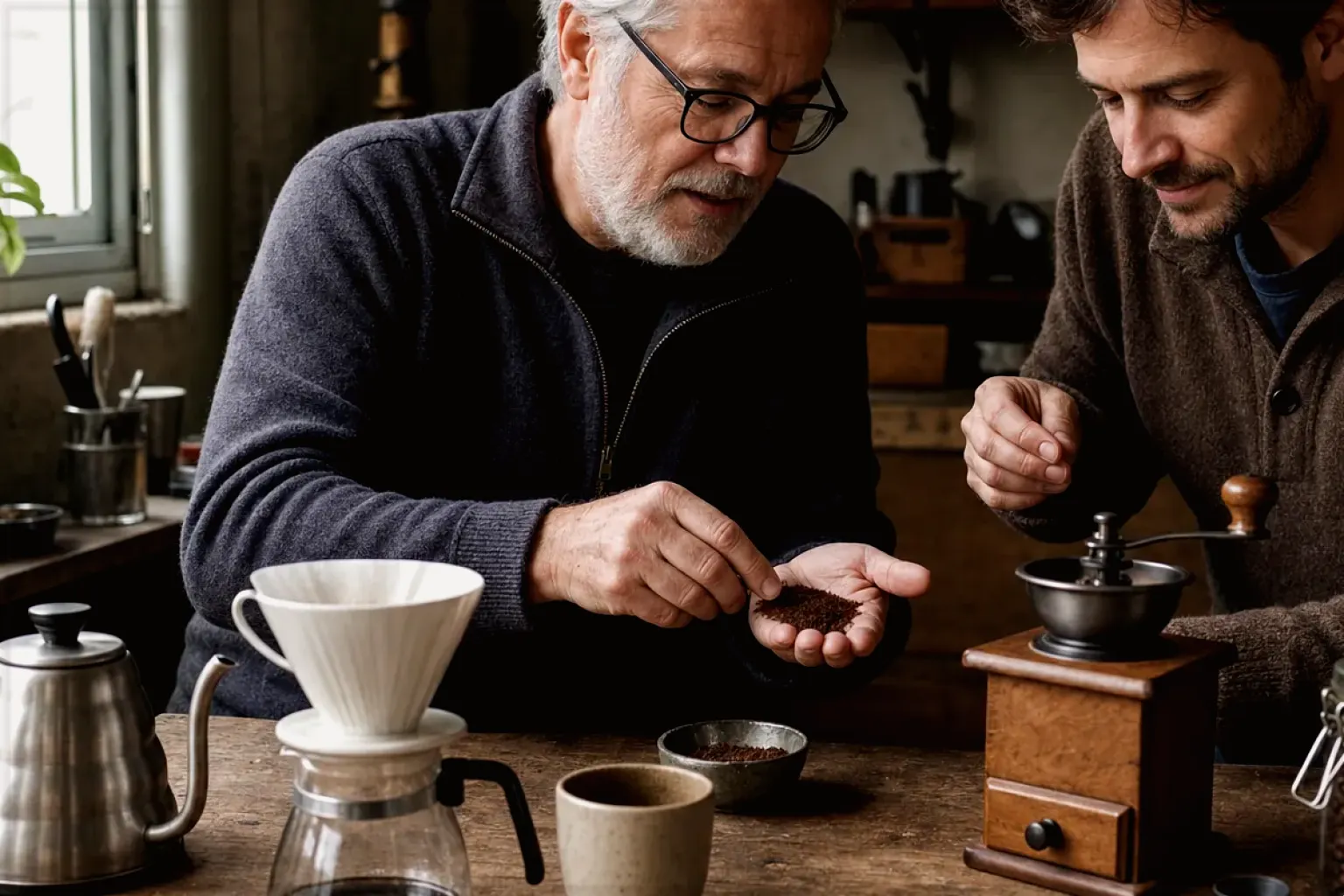 Ein älterer Kaffeeliebhaber zeigt einem jüngeren Erwachsenen gemahlenen Kaffee neben Handmühle und Filter – gezeigt für Entkoffeiniert im Themenvergleich.
