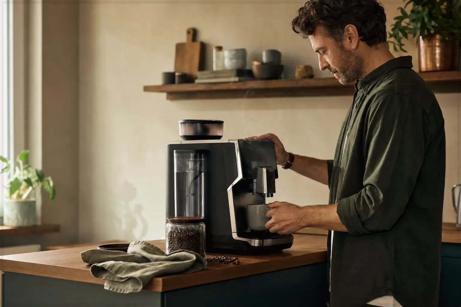 Ein Mann bereitet morgens Kaffee in seiner Küche zu – gezeigt für Entkoffeiniert im Themenvergleich.