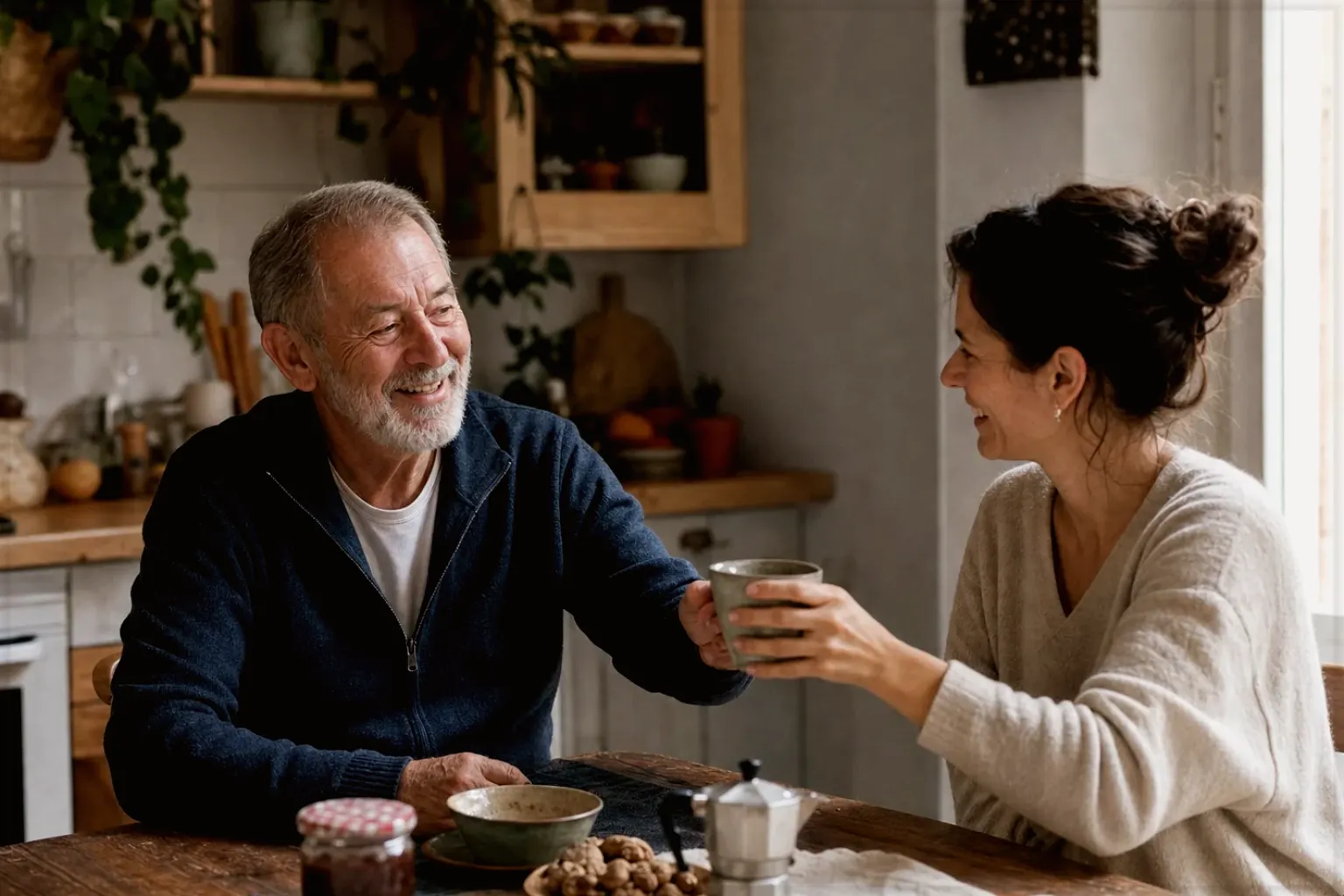 Eine erwachsene Tochter und ihr älterer Vater lachen gemeinsam beim Kaffee in ihrer Küche – gezeigt für Entkoffeiniert im Themenvergleich.