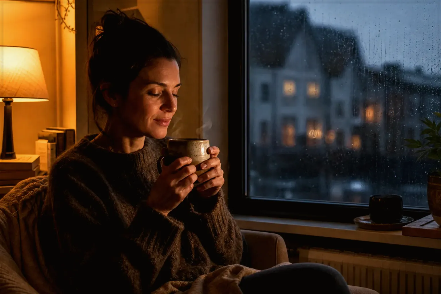 Eine Frau genießt an einem regnerischen Abend ruhig eine warme Tasse Kaffee am Fenster – gezeigt für Entkoffeiniert im Themenvergleich.