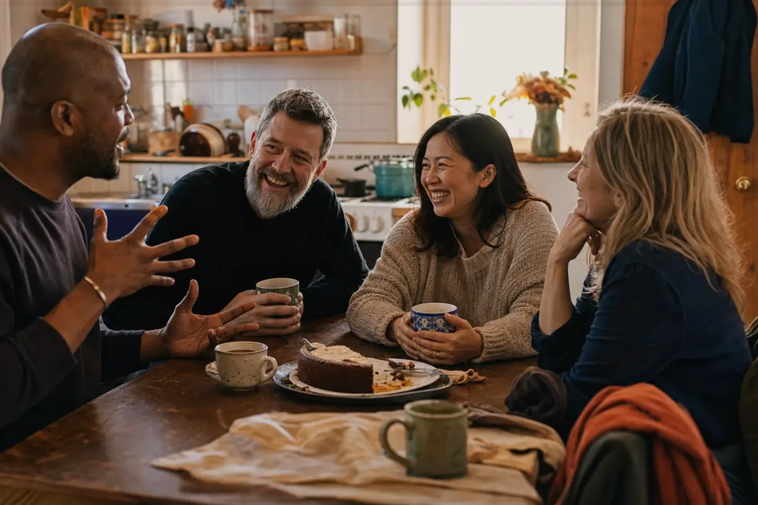 Vier erwachsene Freunde lachen gemeinsam bei Kaffee und selbst gebackenem Kuchen – gezeigt für Entkoffeiniert im Themenvergleich.