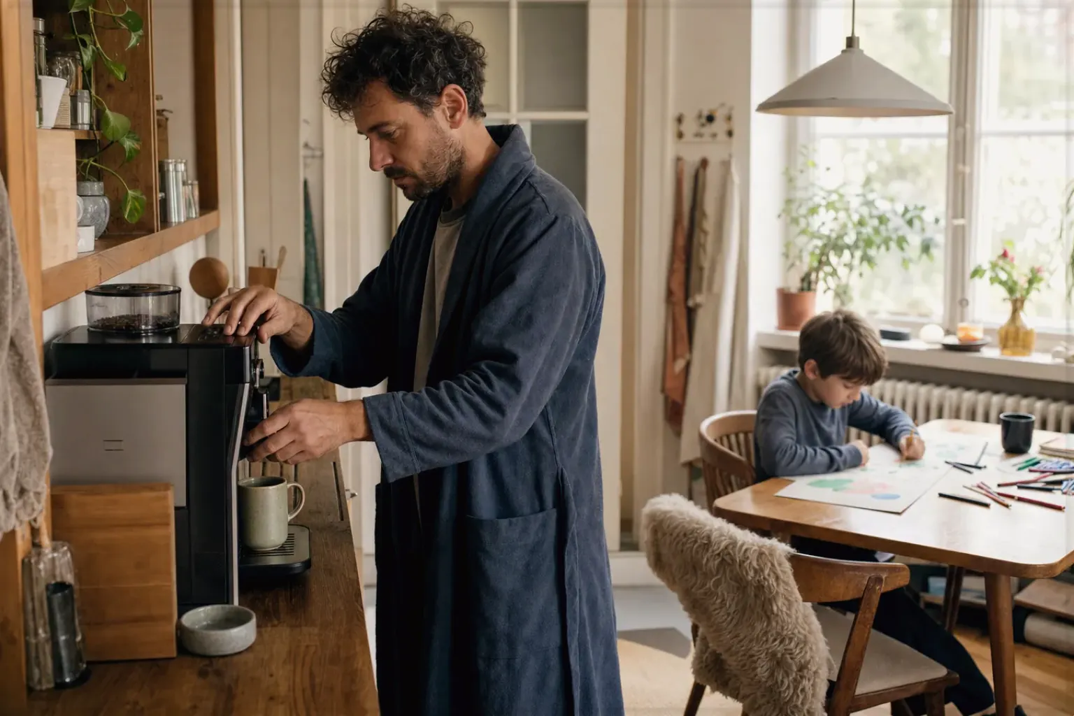 Ein Vater bereitet morgens Kaffee zu, während sein Kind am Küchentisch malt – gezeigt für Entkoffeiniert im Themenvergleich.