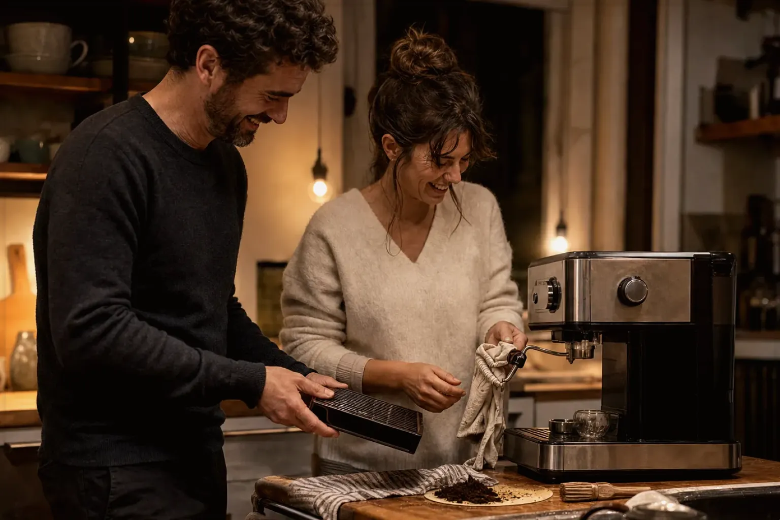 Ein Paar reinigt am Abend gemeinsam und gut gelaunt seine Espressomaschine in der Küche – gezeigt für Entkoffeiniert im Themenvergleich.