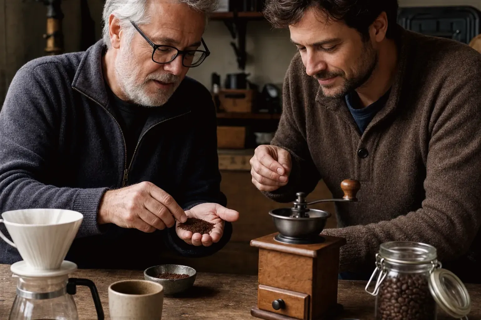 Ein erfahrener Kaffeeliebhaber erklärt einem jüngeren Erwachsenen Mahlgrad und Kaffeetextur.