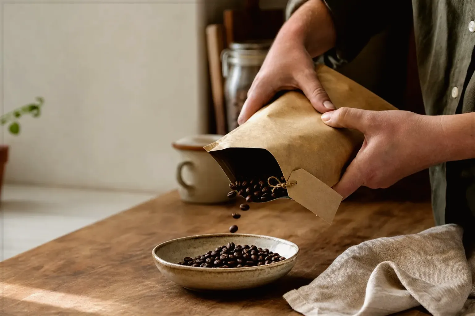 Hände füllen frisch geröstete Kaffeebohnen aus einer Papiertüte in eine Keramikschale – gezeigt für Espresso im Themenvergleich.