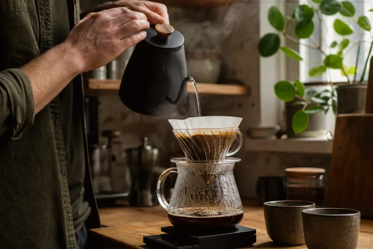 Filterkaffee wird mit einem Schwanenhalskessel von Hand in einer Küche aufgegossen – gezeigt für Espresso im Themenvergleich.
