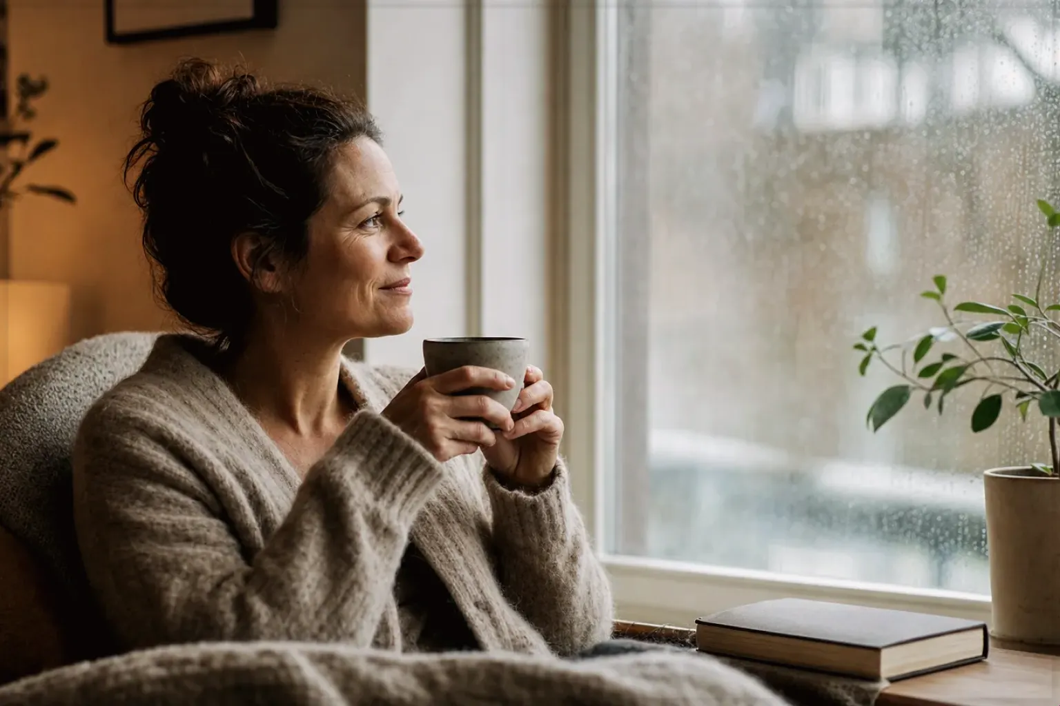Eine Frau genießt an einem regnerischen Nachmittag ruhig eine Tasse Kaffee am Fenster – gezeigt für Espresso im Themenvergleich.