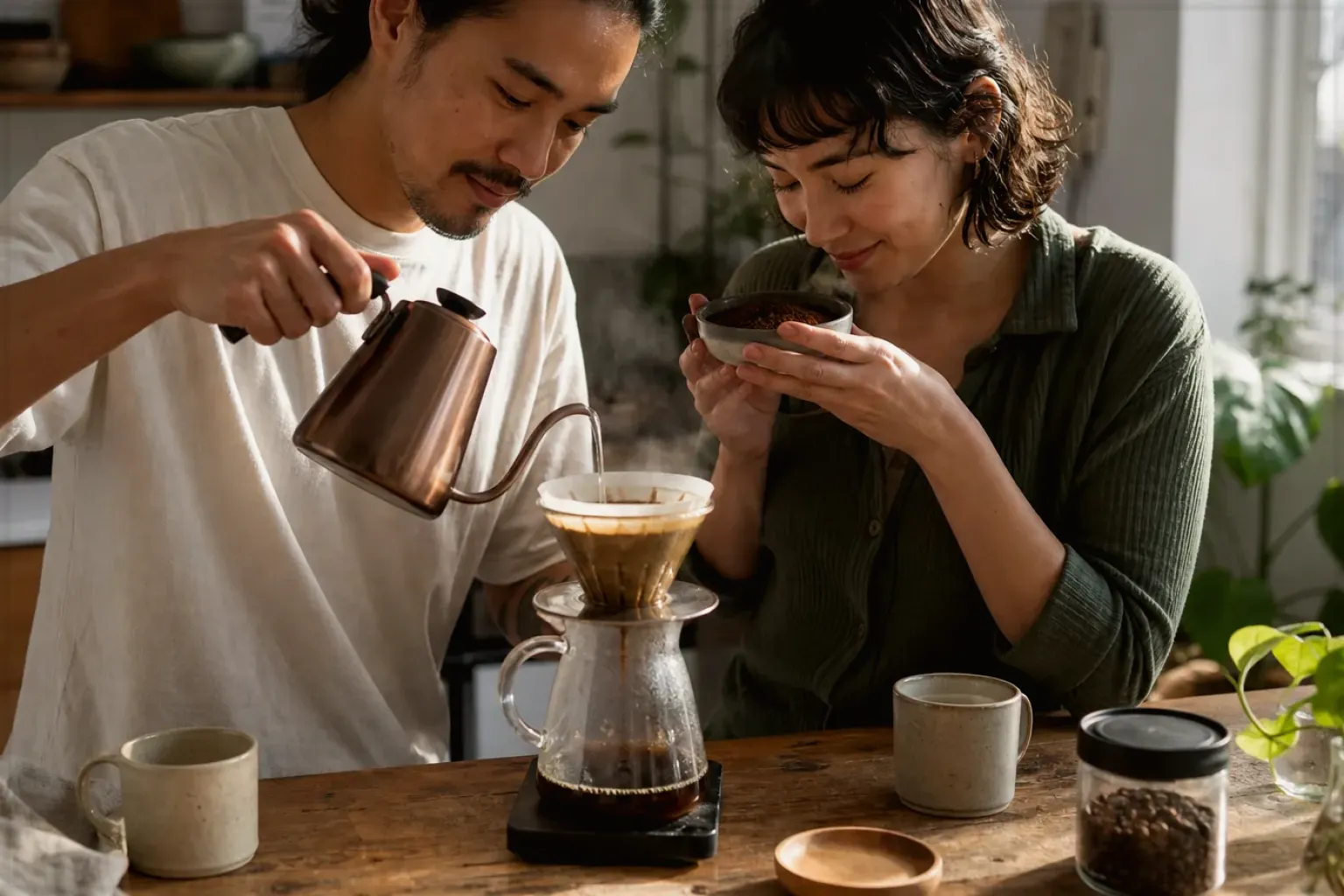 Zwei Menschen bereiten am Wochenende gemeinsam Filterkaffee mit einem Handfilter zu – gezeigt für Espresso im Themenvergleich.