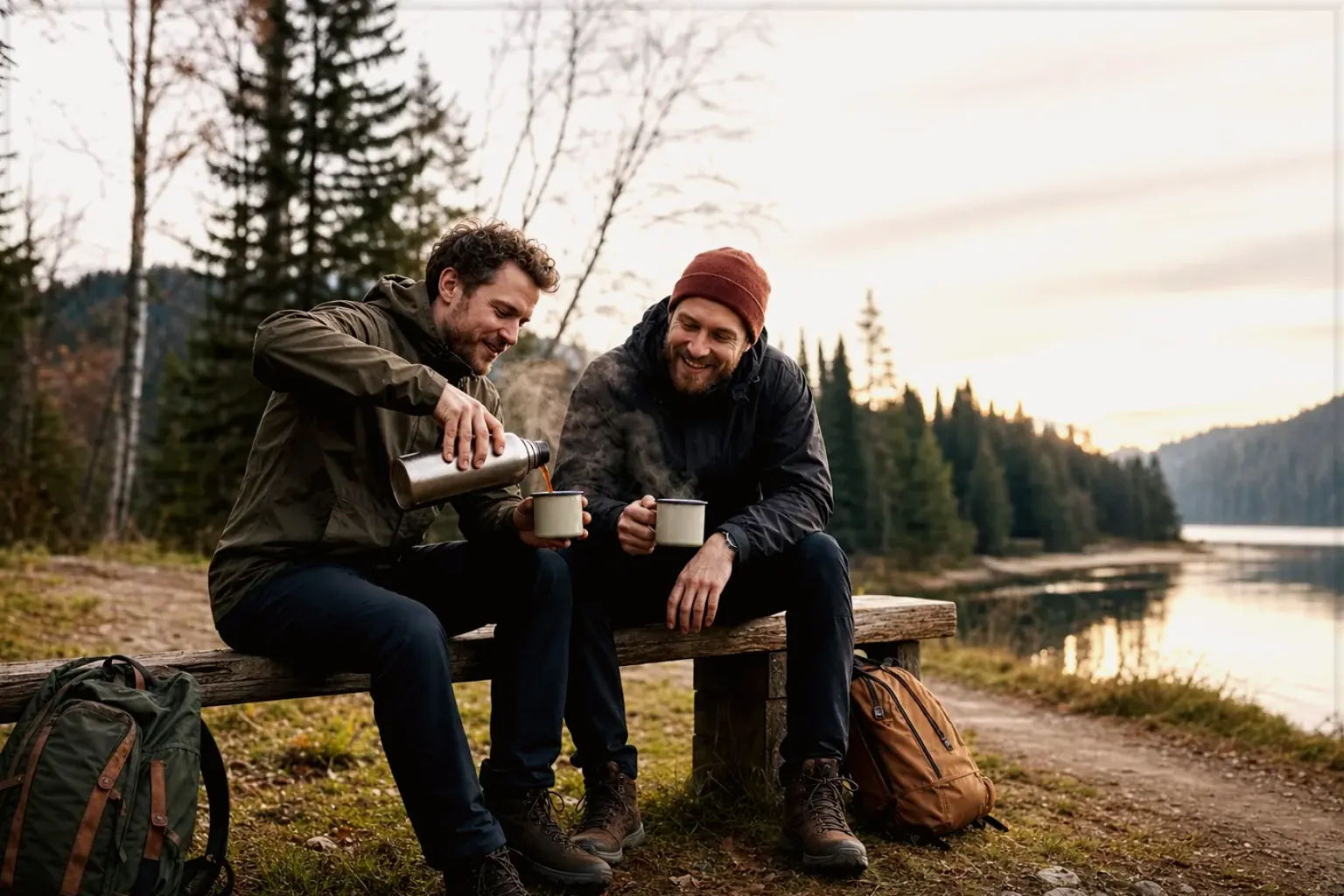 Zwei Freunde teilen auf einer Wanderung heißen Kaffee aus einer Thermoskanne am See – gezeigt für Espresso im Themenvergleich.
