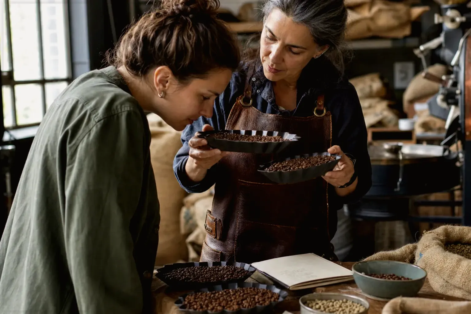 Eine Kaffeerösterin lässt eine Kundin in einer kleinen Rösterei verschiedene frisch geröstete Bohnen riechen – gezeigt für Espresso im Themenvergleich.