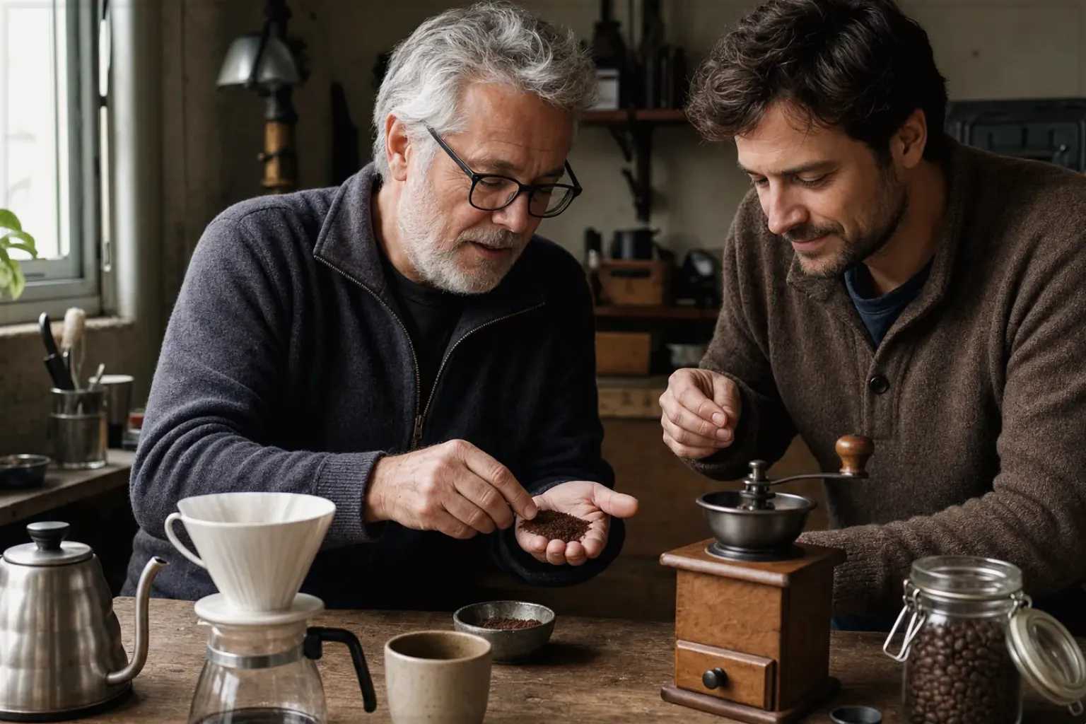 Ein älterer Kaffeeliebhaber zeigt einem jüngeren Erwachsenen gemahlenen Kaffee neben Handmühle und Filter – gezeigt für Espresso im Themenvergleich.