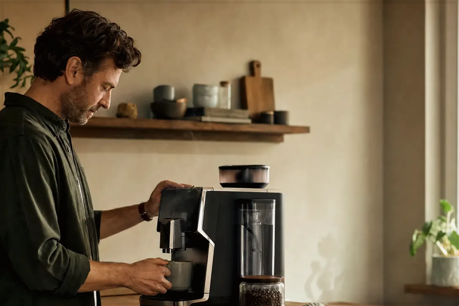 Ein Mann bereitet morgens Kaffee in seiner Küche zu – gezeigt für Espresso im Themenvergleich.
