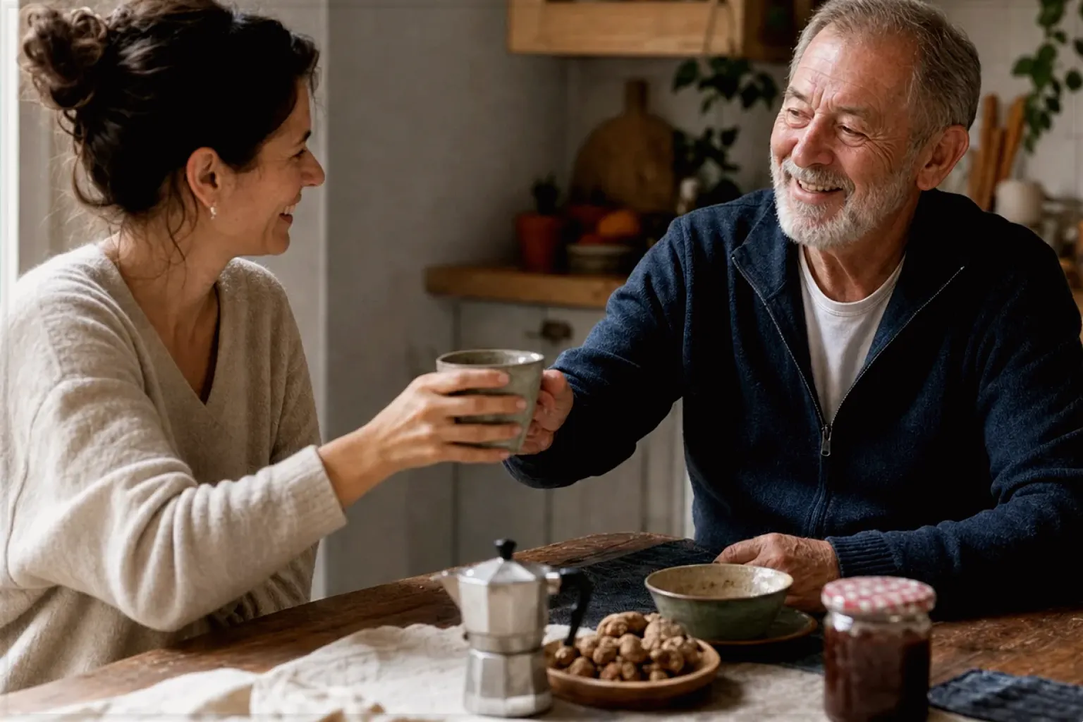Eine erwachsene Tochter und ihr älterer Vater lachen gemeinsam beim Kaffee in ihrer Küche – gezeigt für Espresso im Themenvergleich.