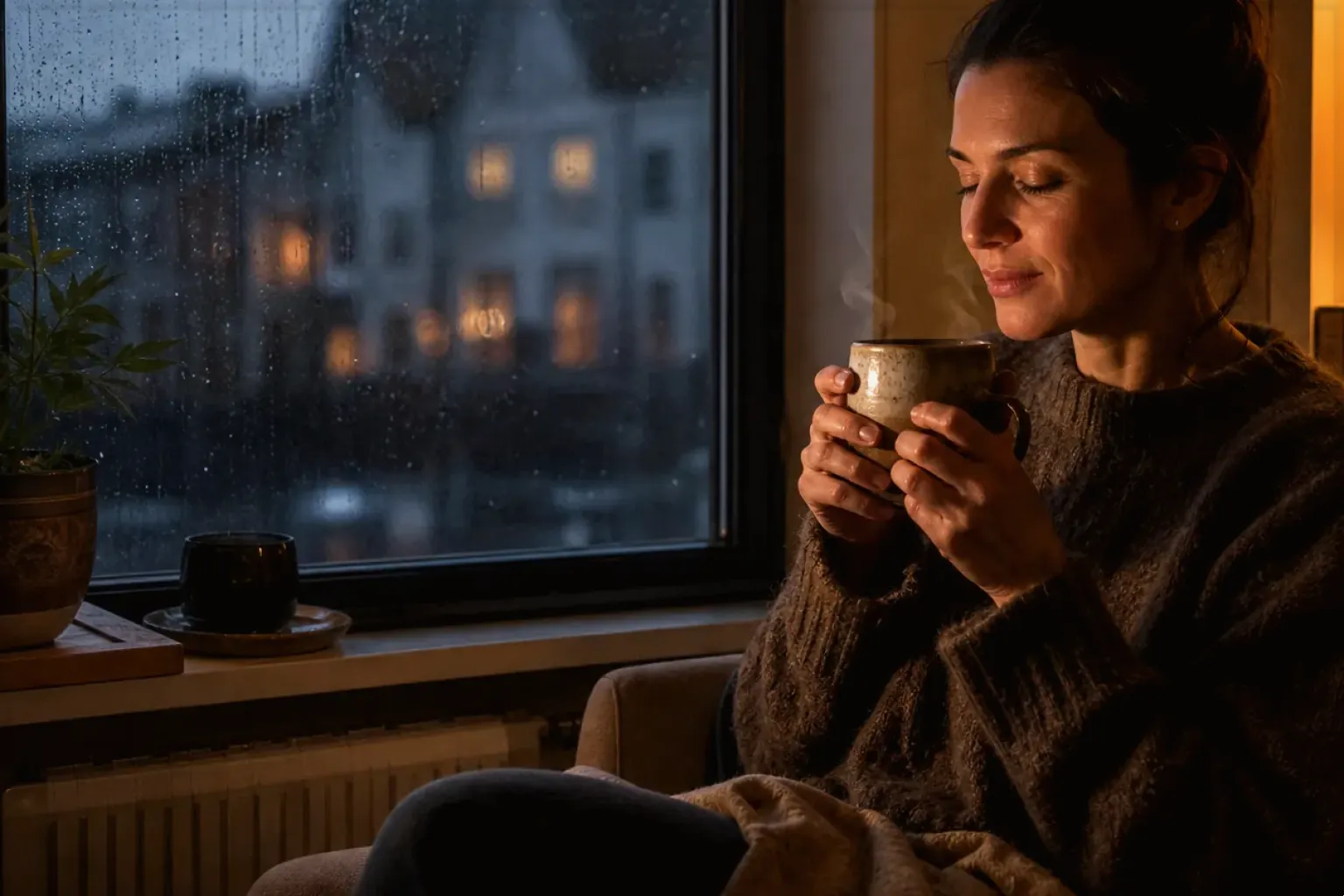 Eine Frau genießt an einem regnerischen Abend ruhig eine warme Tasse Kaffee am Fenster – gezeigt für Espresso im Themenvergleich.